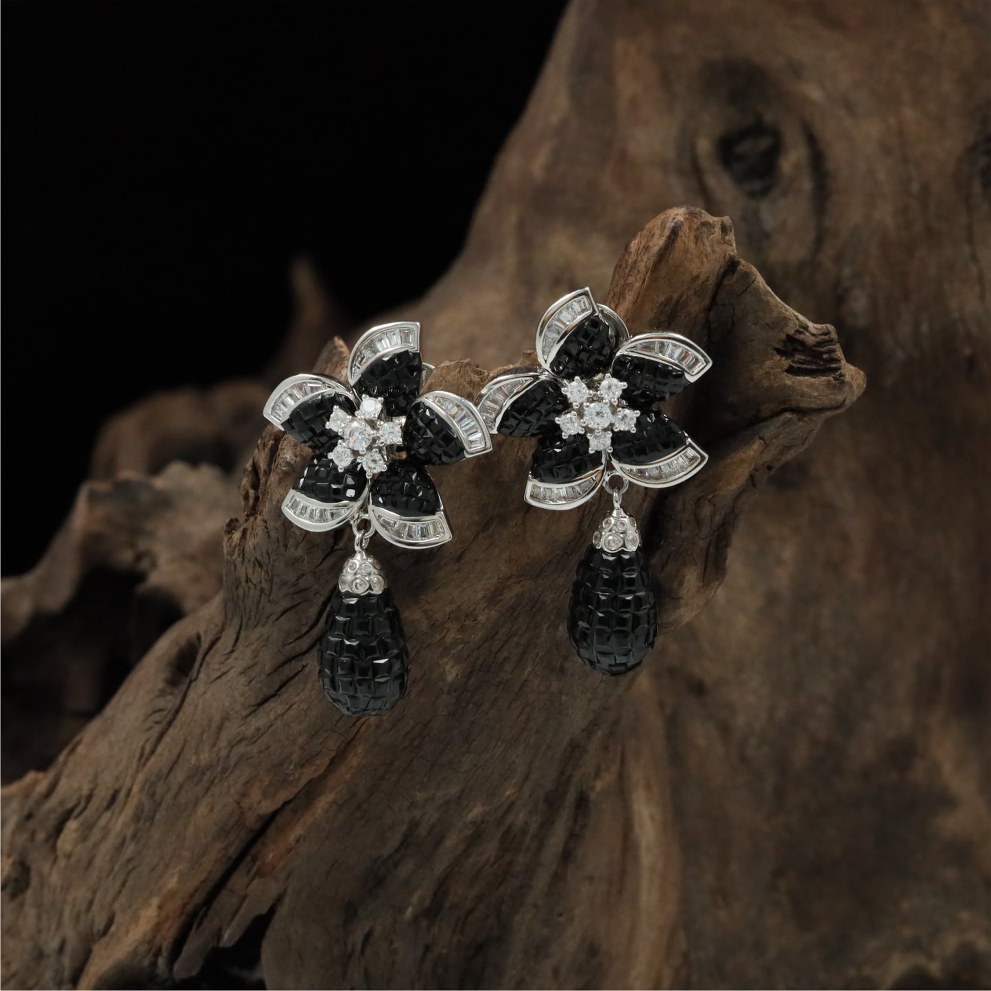 Traditional Flower Layout Rhodium Stud with Decorative Petal Detailing