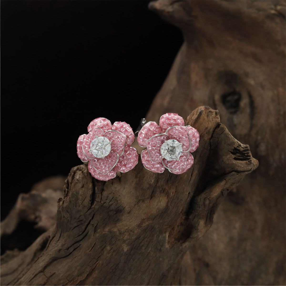 Rhodium Studs Featuring A Sculptural Flower Design