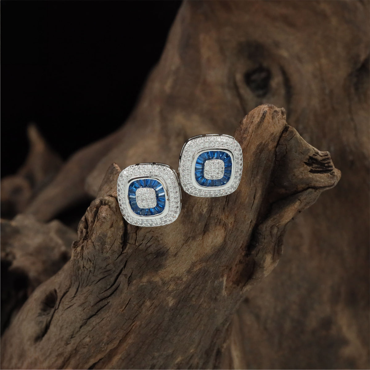 Cushion frame Rhodium Studs with a geometric centre