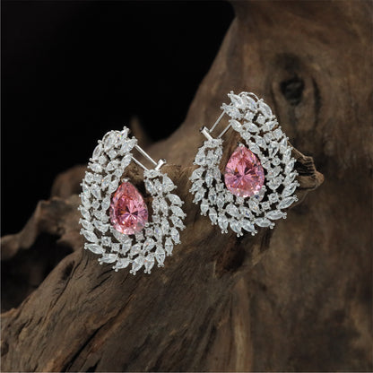 Royal Leaf Frame Rhodium Stud with Pear Drop Centre Layout