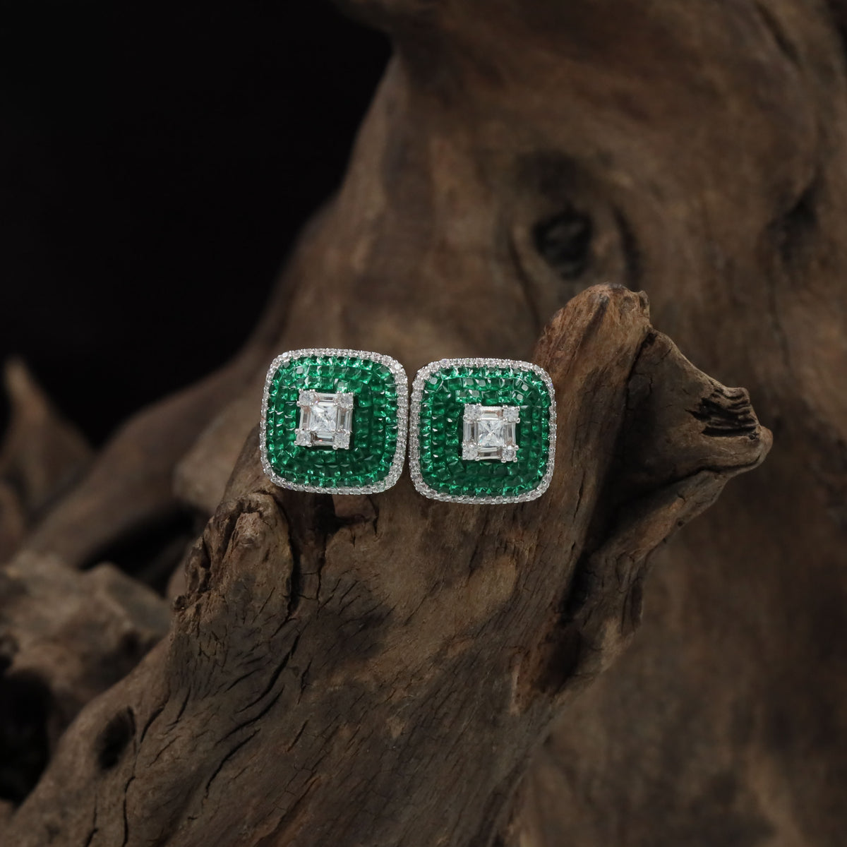 Square frame Rhodium Studs with a geometric centre