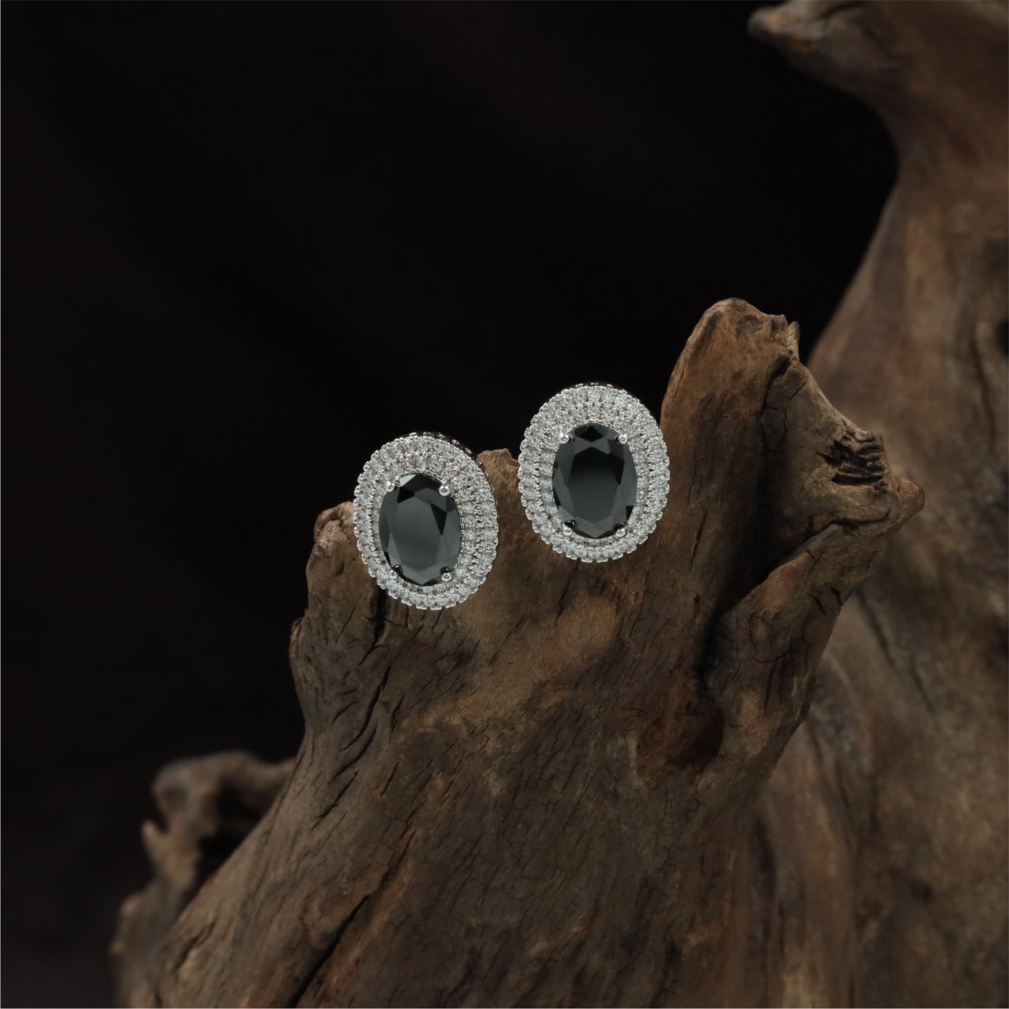 Signature Oval Halo Rhodium Stud with Layered Circular Detailing