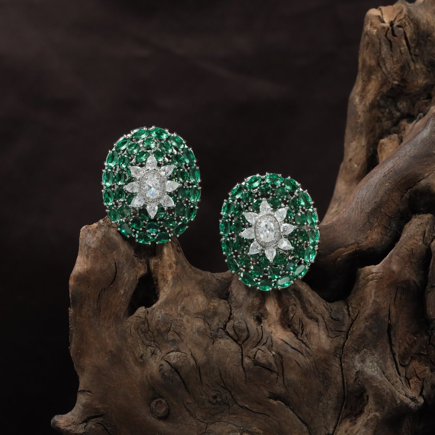 Empress Border Rhodium Stud with Floral Halo Styling