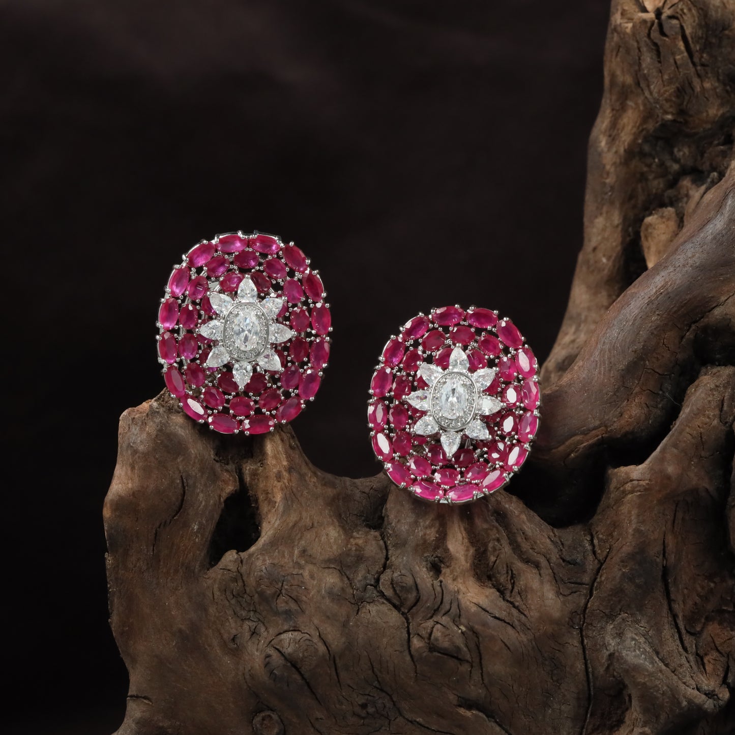 Empress Border Rhodium Stud with Floral Halo Styling
