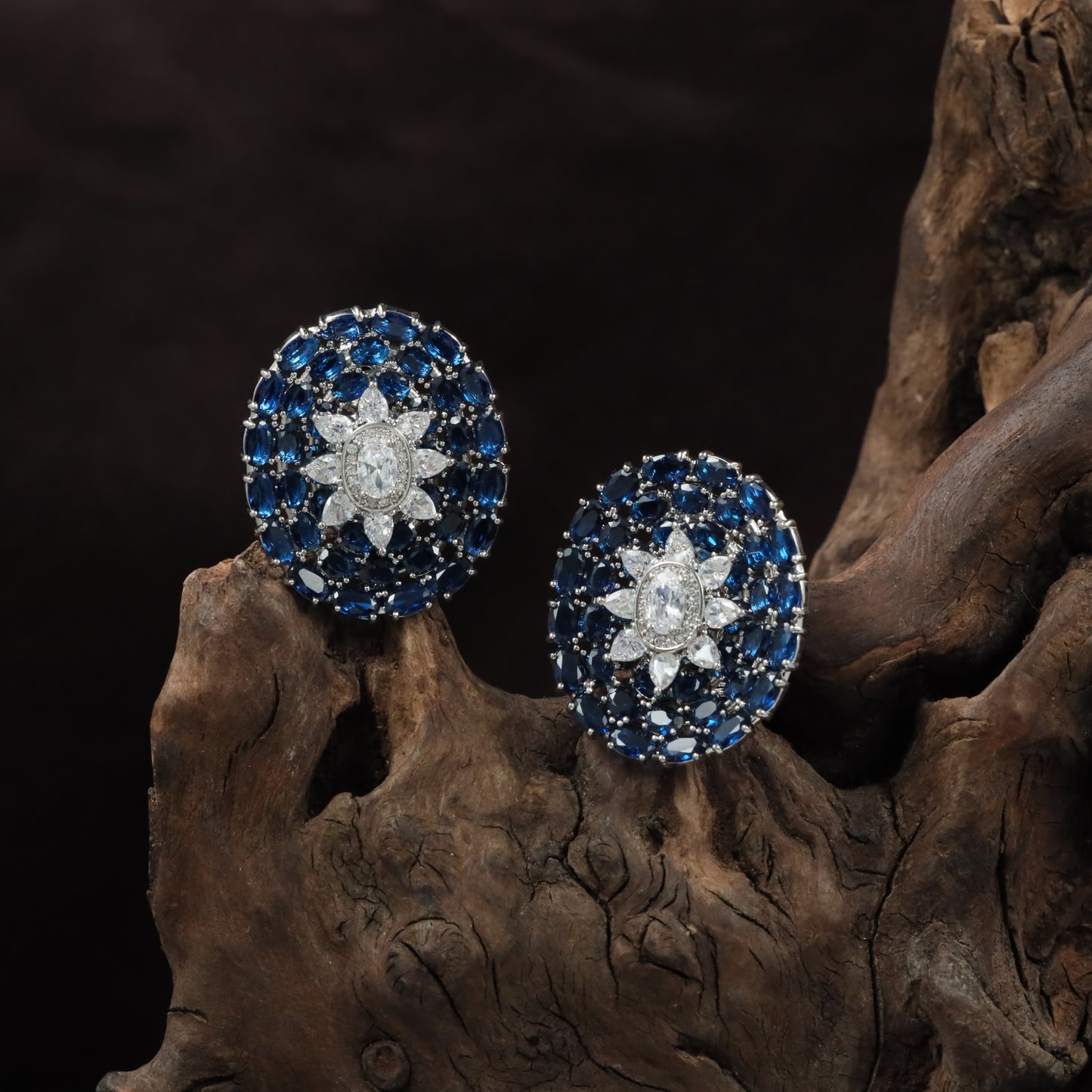 Empress Border Rhodium Stud with Floral Halo Styling