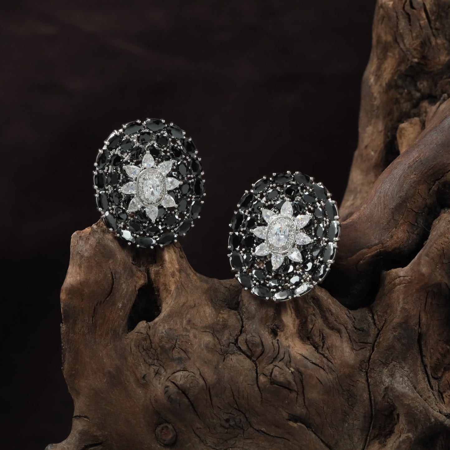 Empress Border Rhodium Stud with Floral Halo Styling
