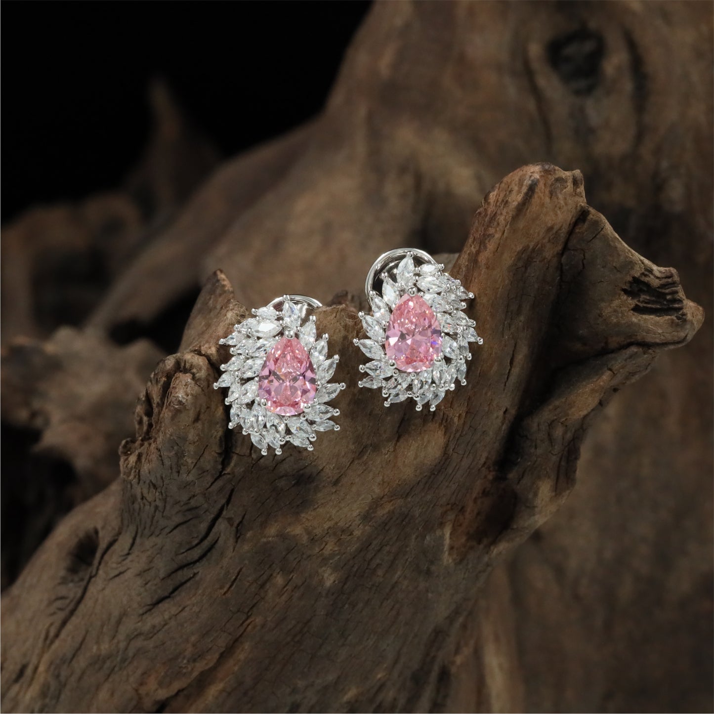 Regal Floral Border Rhodium Stud with Structured Halo Styling
