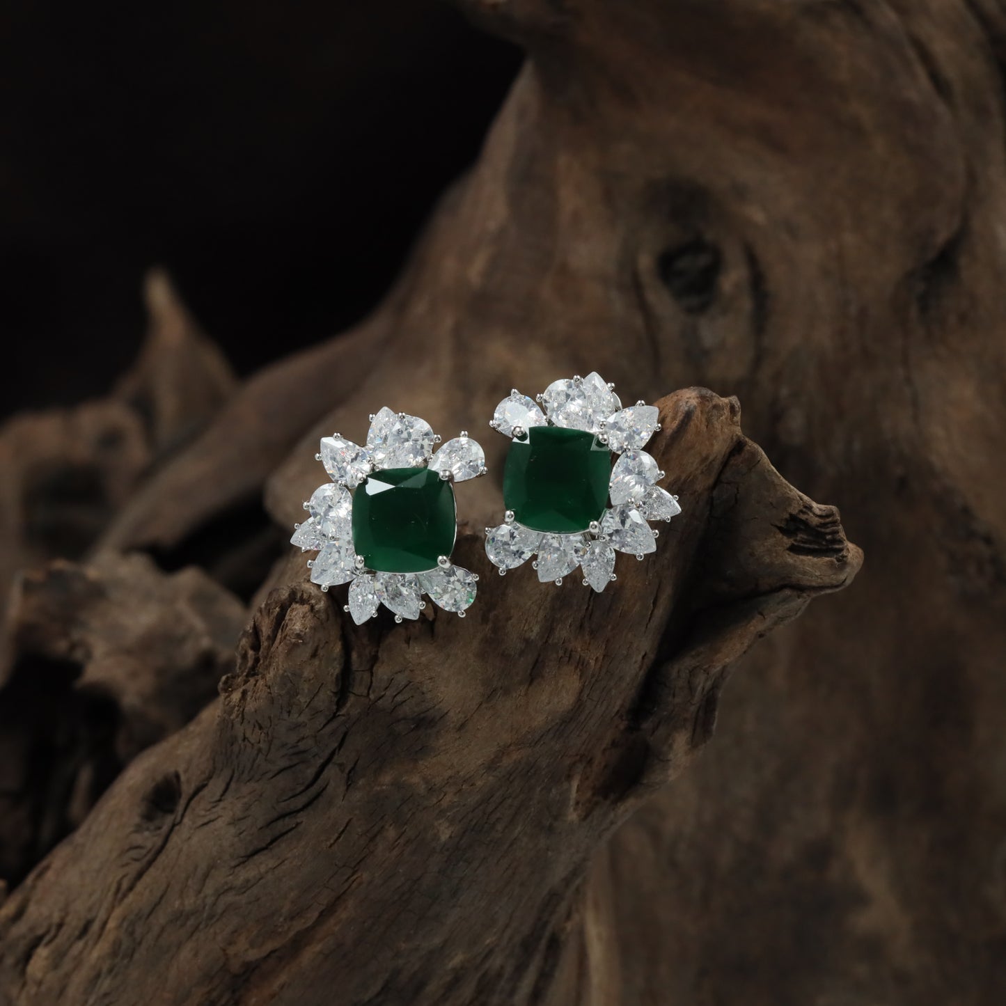 Floral Crown Rhodium Stud with Decorative Petal Arrangement
