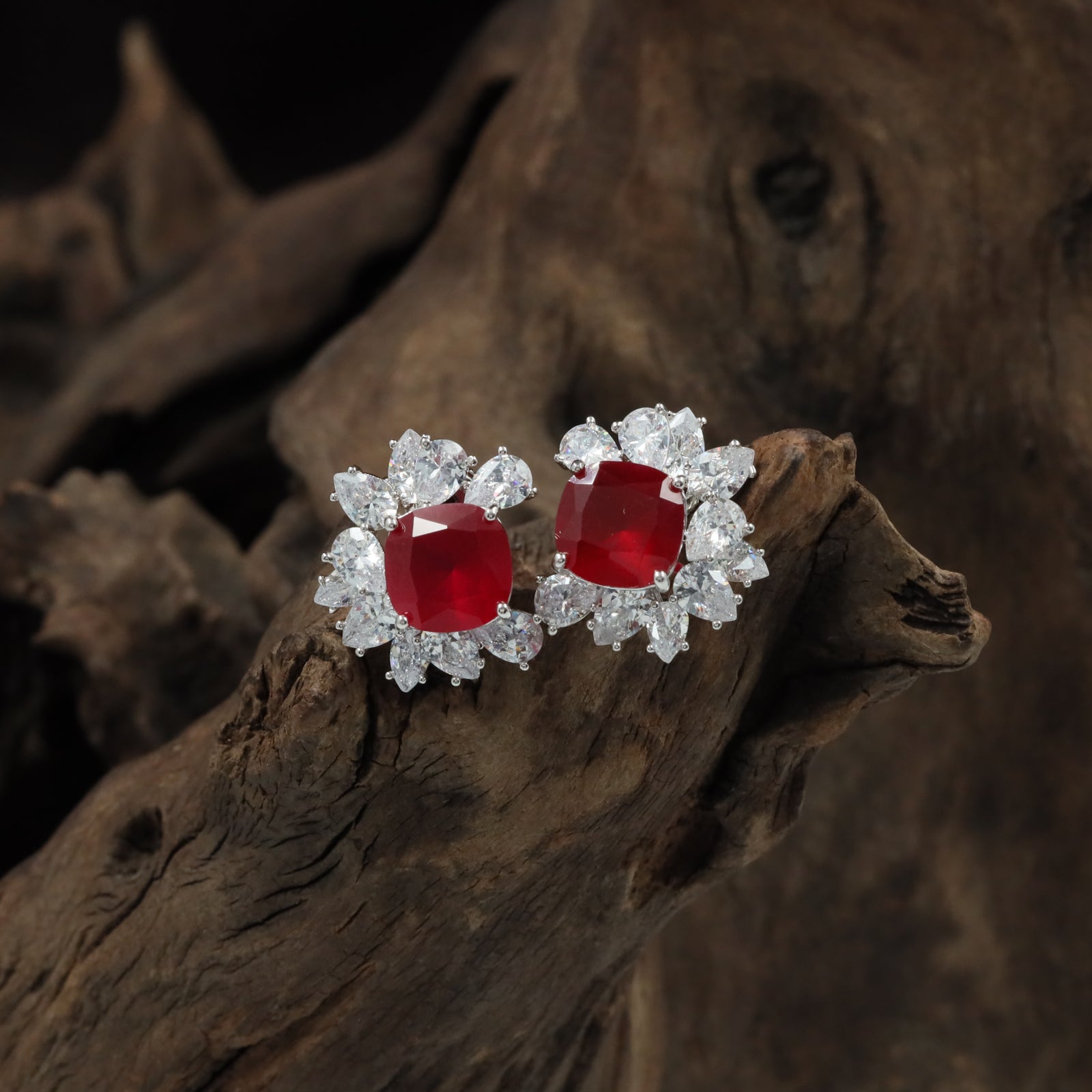 Floral Crown Rhodium Stud with Decorative Petal Arrangement