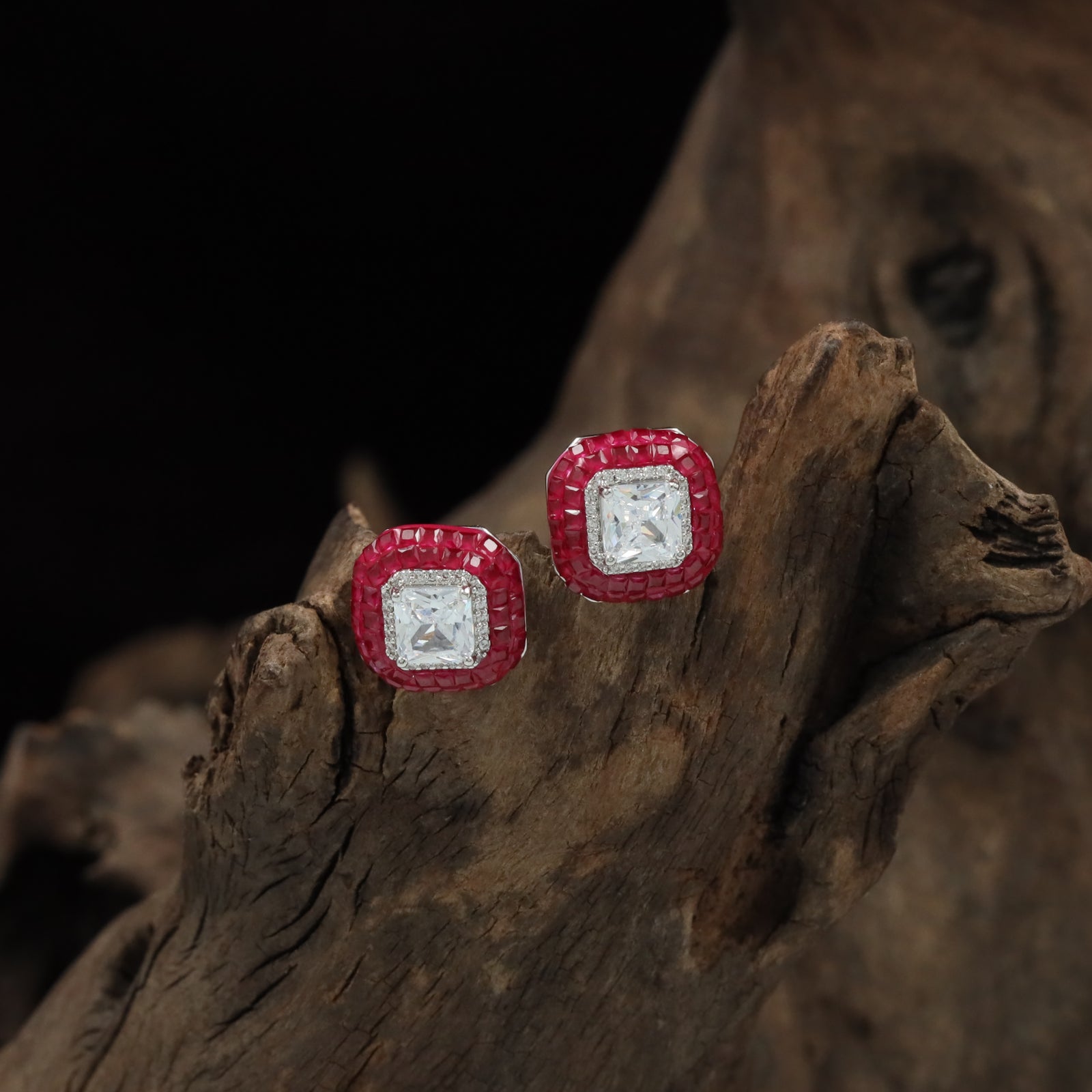 Cushion Frame Rhodium Stud with Textured Border Detailing