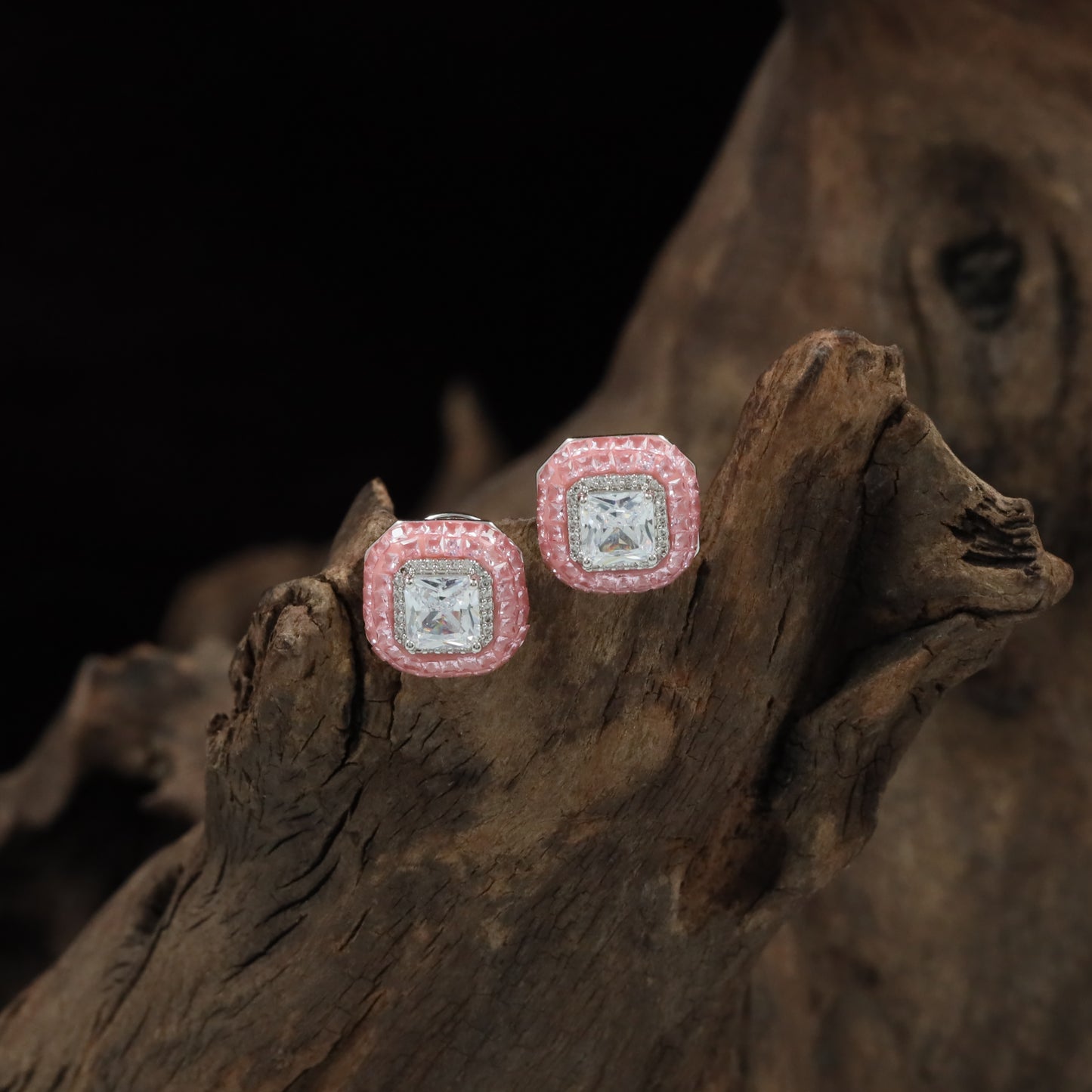 Cushion Frame Rhodium Stud with Textured Border Detailing