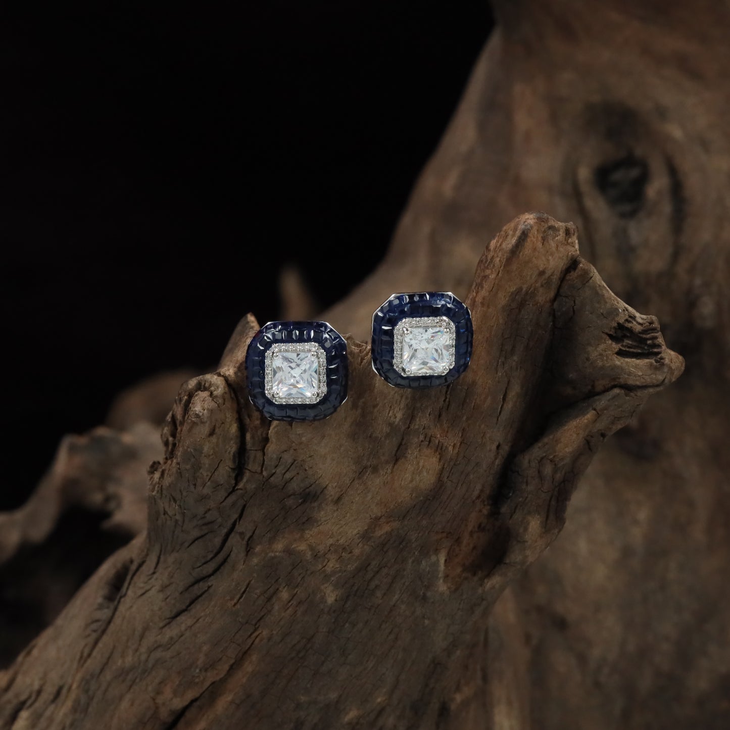 Cushion Frame Rhodium Stud with Textured Border Detailing