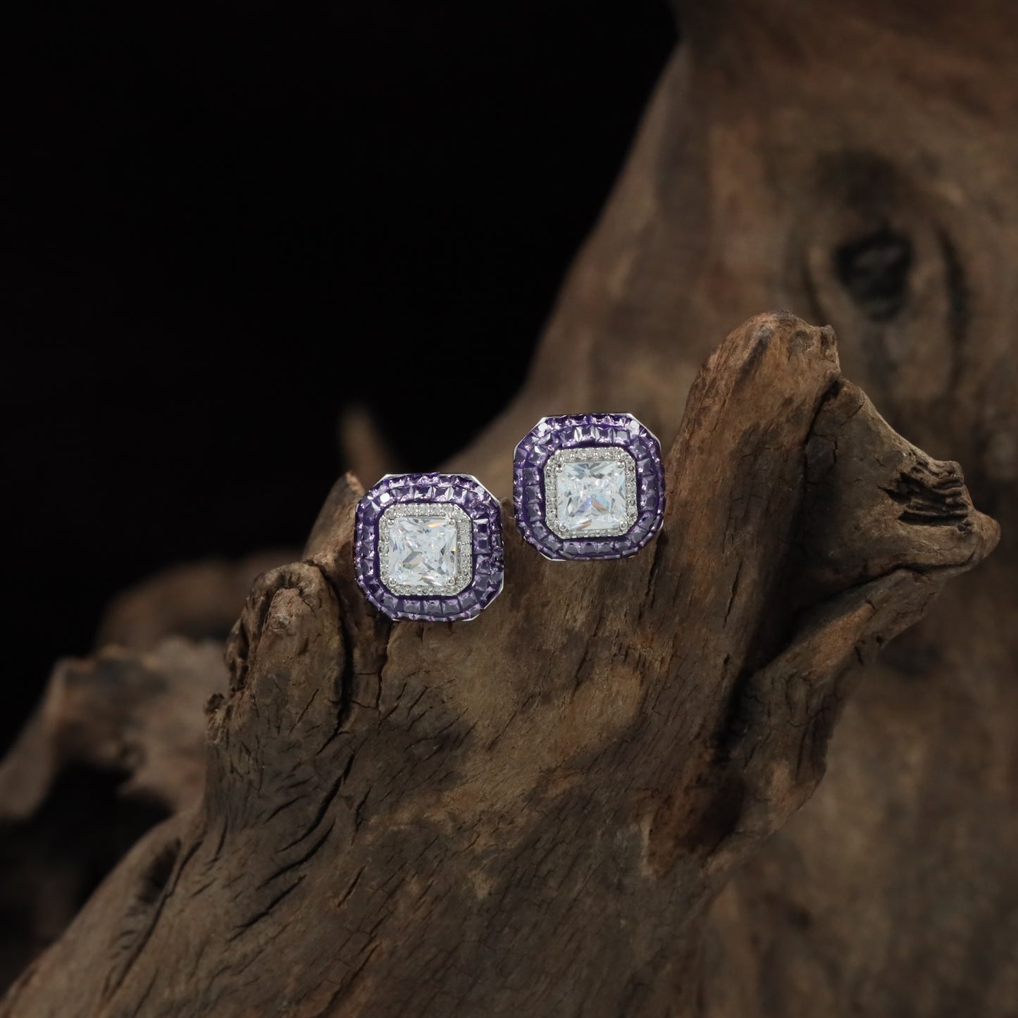 Cushion Frame Rhodium Stud with Textured Border Detailing