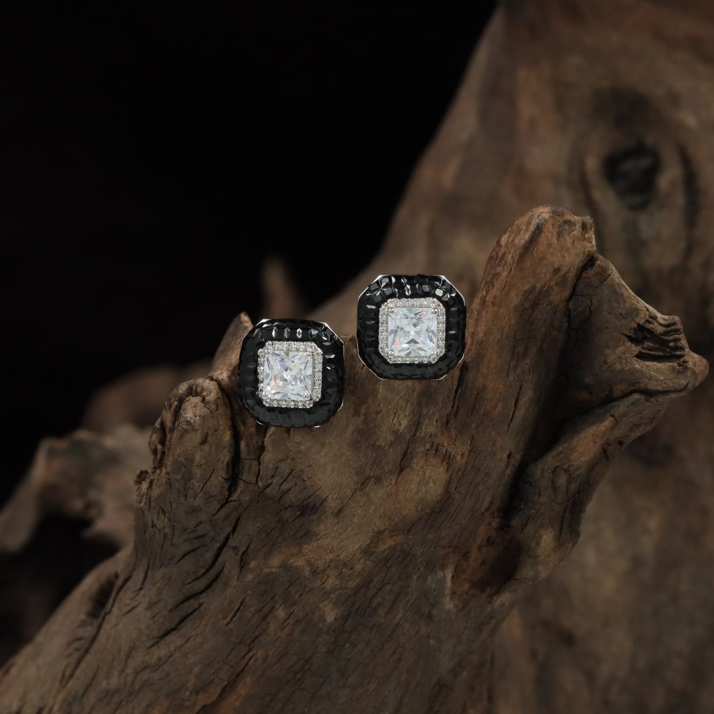 Cushion Frame Rhodium Stud with Textured Border Detailing