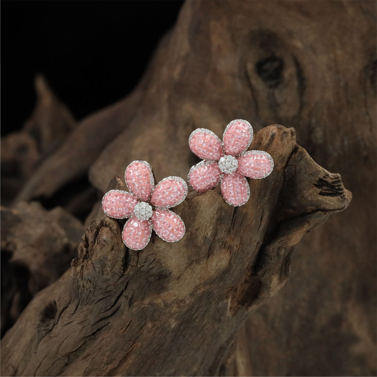 Symmetrical floral Rhodium Studs with a statement silhouette
