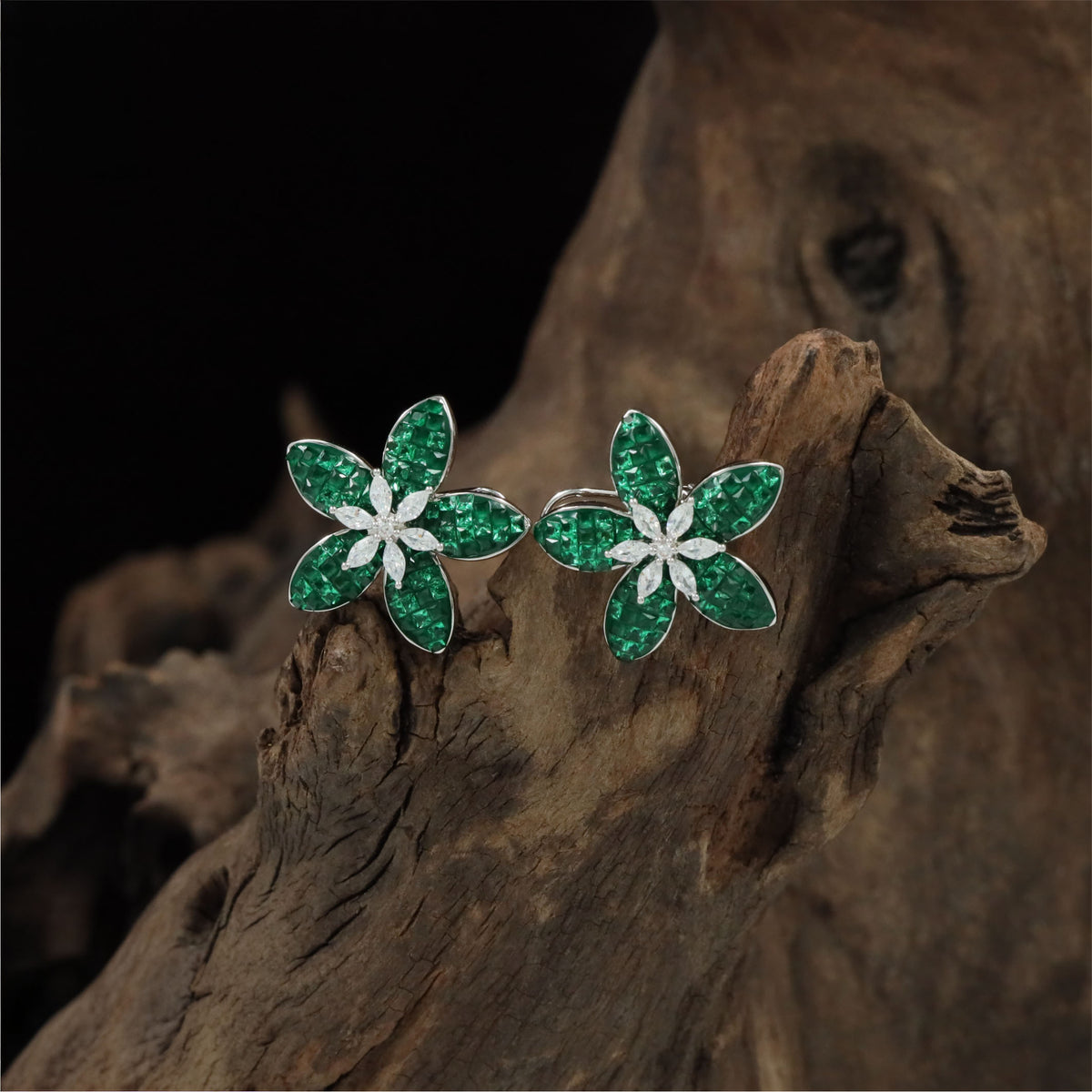 Floral silhouette Rhodium Studs with sculpted petals