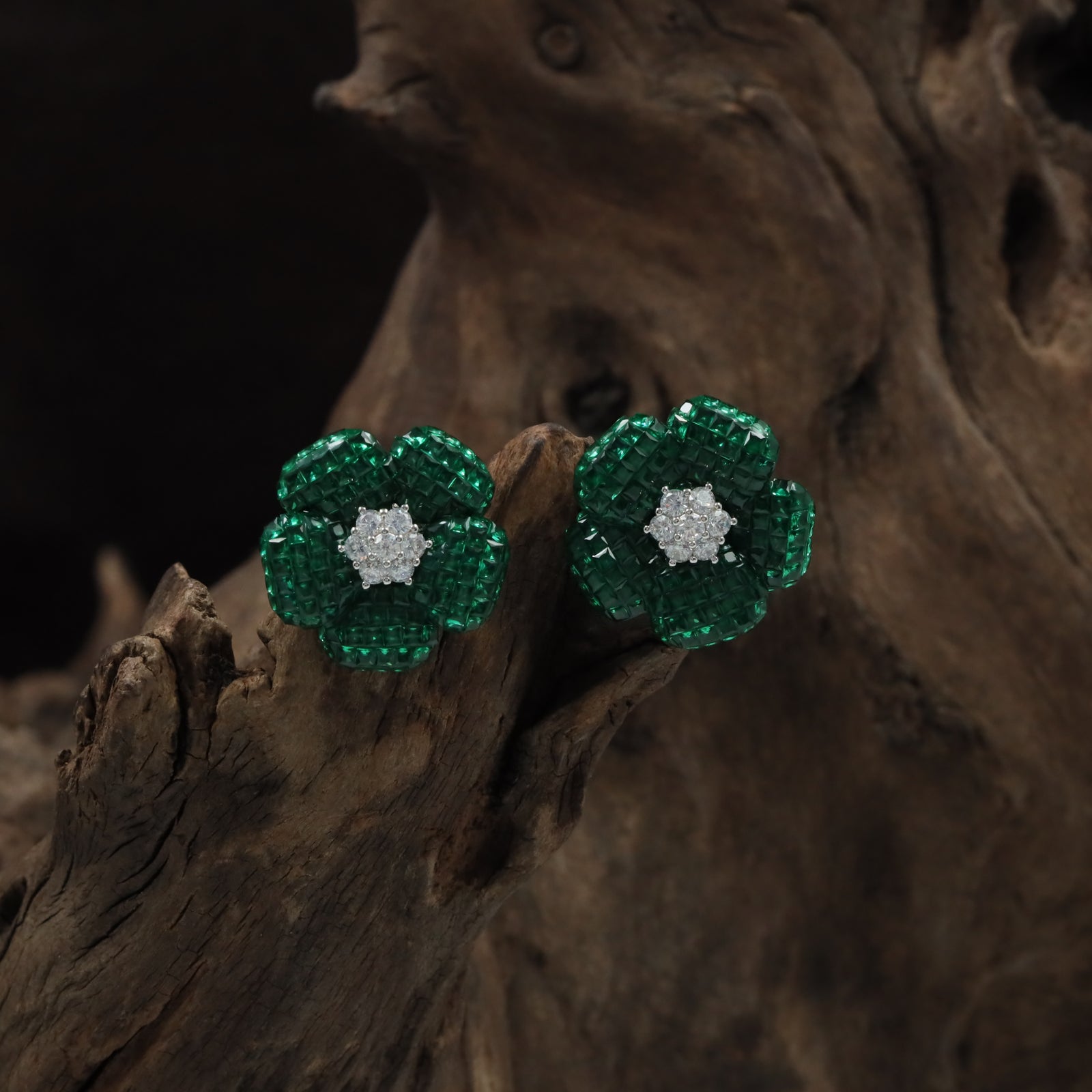 Grace Flower Rhodium Stud with Textured Border Arrangement