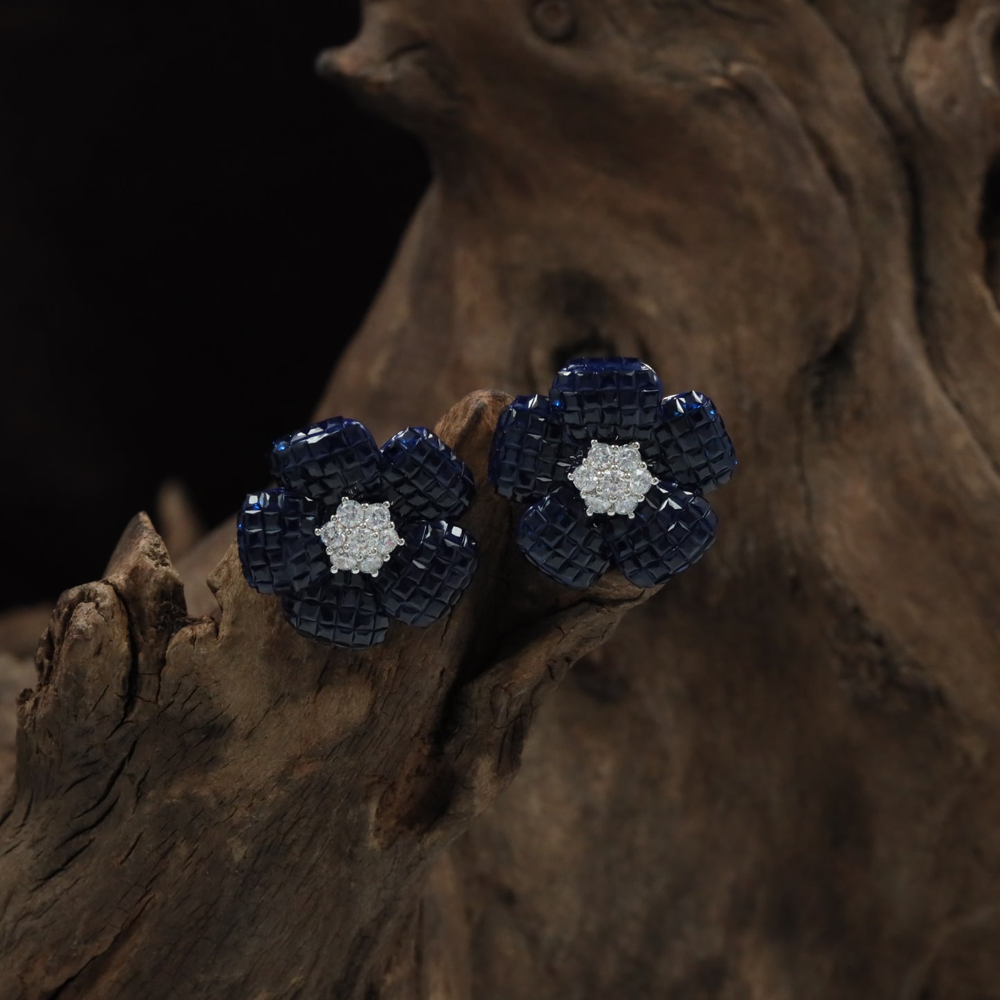 Grace Flower Rhodium Stud with Textured Border Arrangement