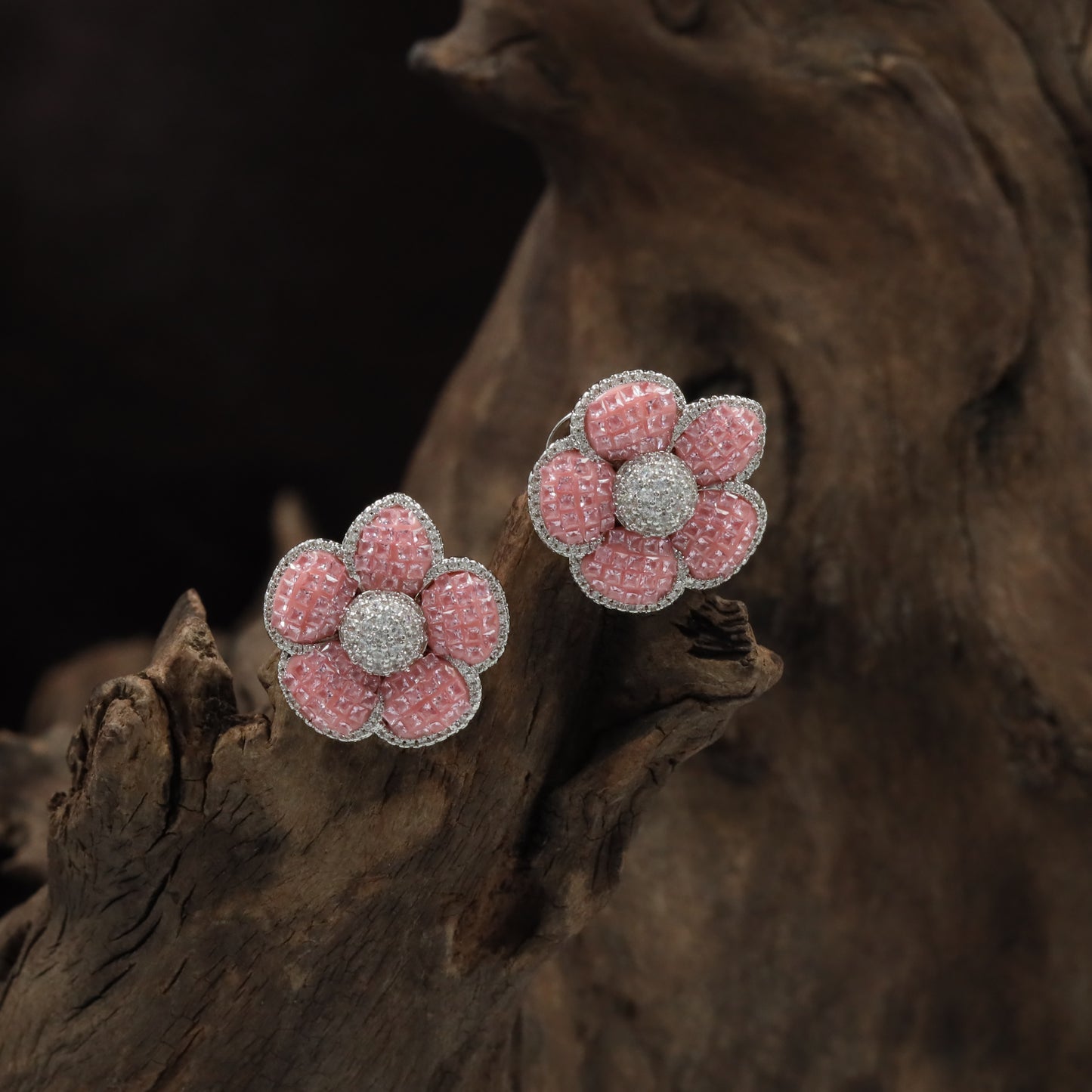 Radiant Blossom Rhodium Stud with Structured Floral Arrangement