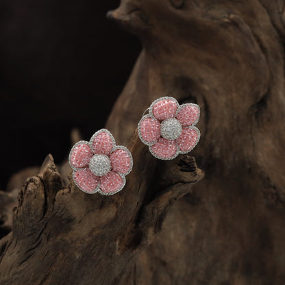 Radiant Blossom Rhodium Stud with Structured Floral Arrangement