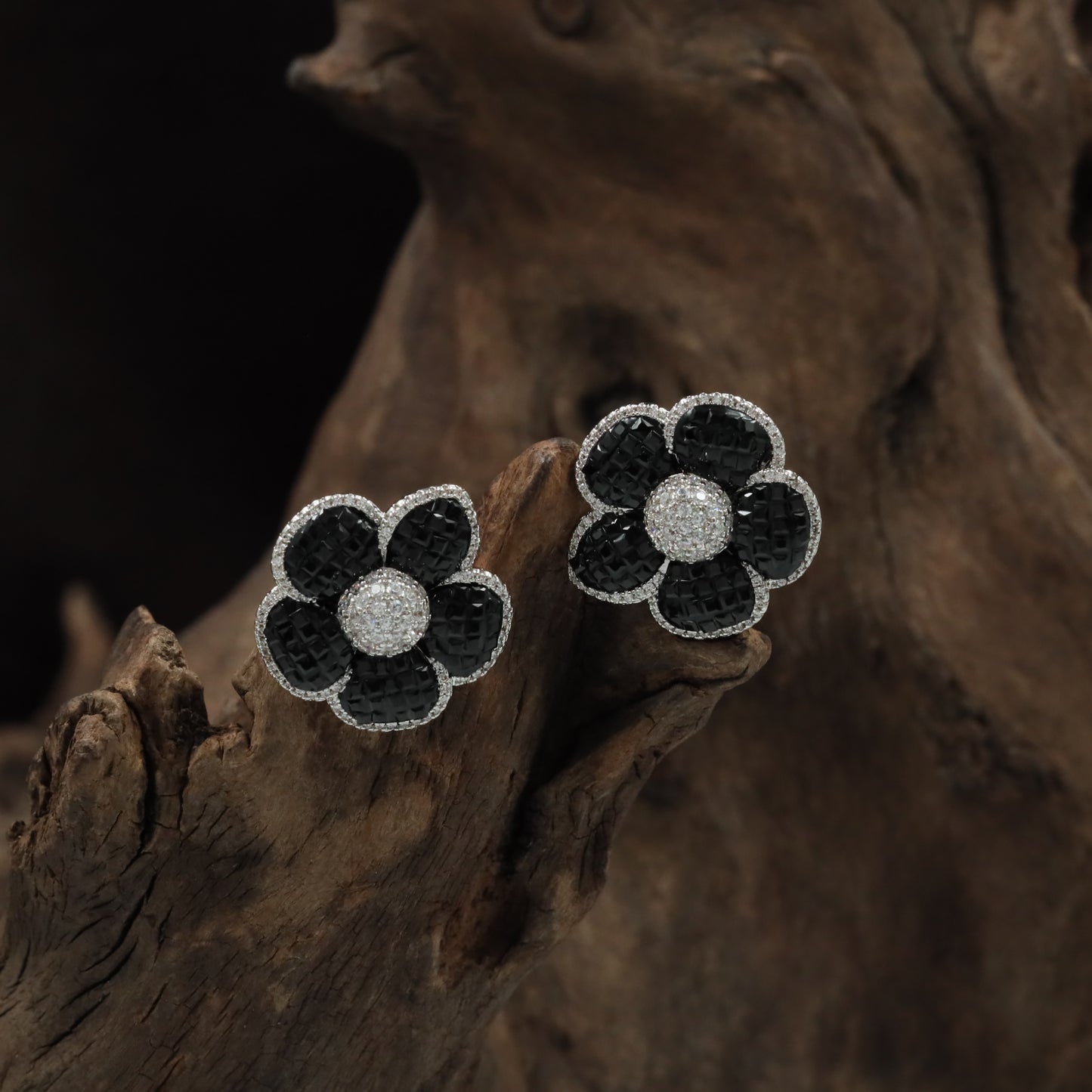 Radiant Blossom Rhodium Stud with Structured Floral Arrangement