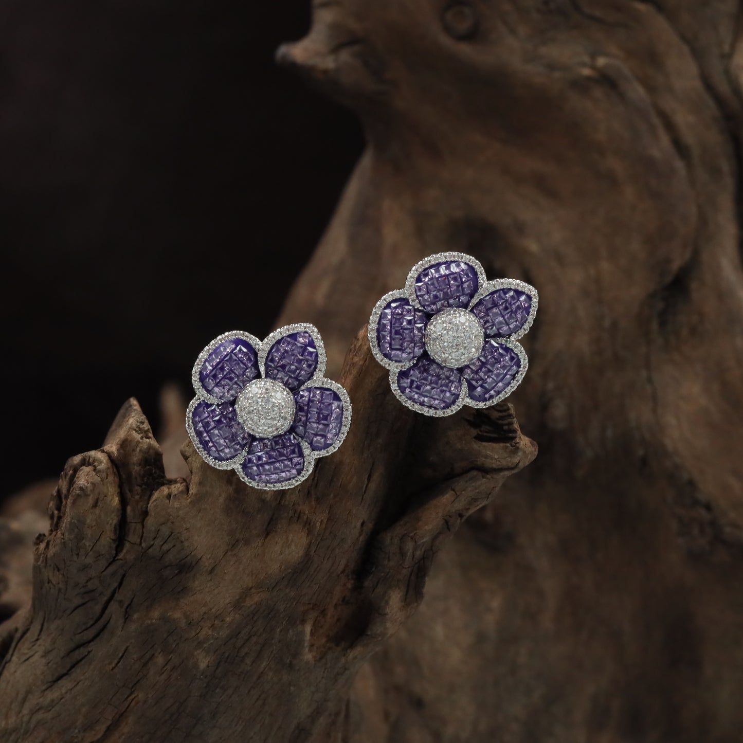 Radiant Blossom Rhodium Stud with Structured Floral Arrangement