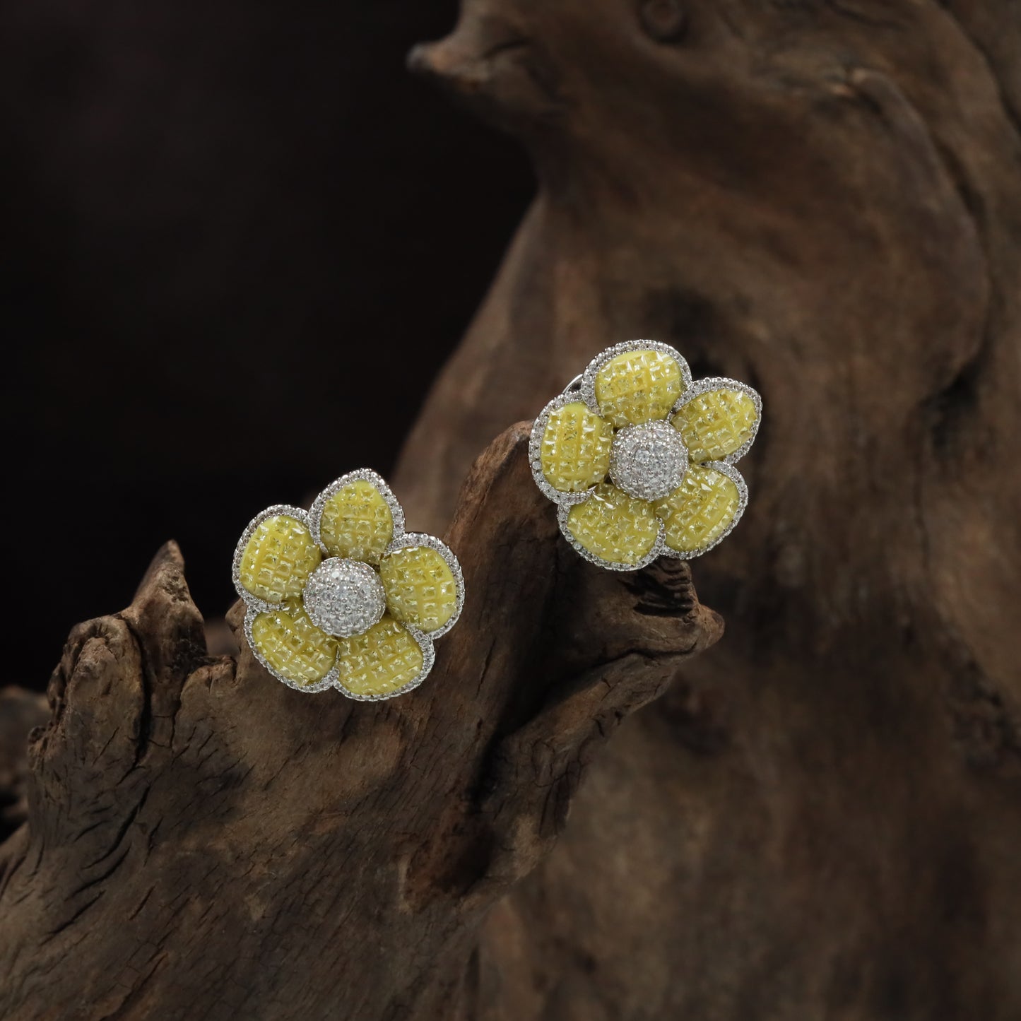 Radiant Blossom Rhodium Stud with Structured Floral Arrangement