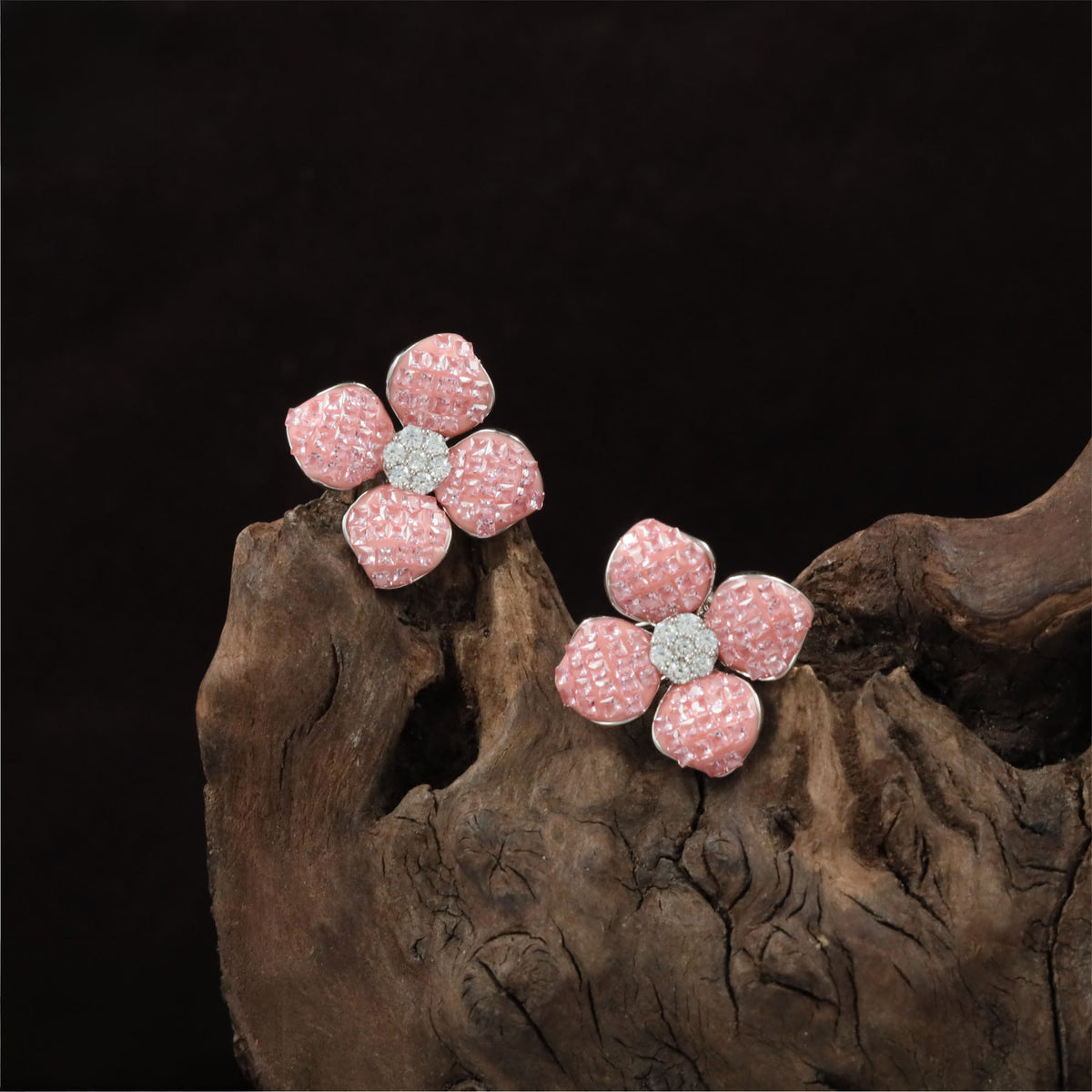 Floral Cluster Rhodium Studs With Sculptural Petal Work