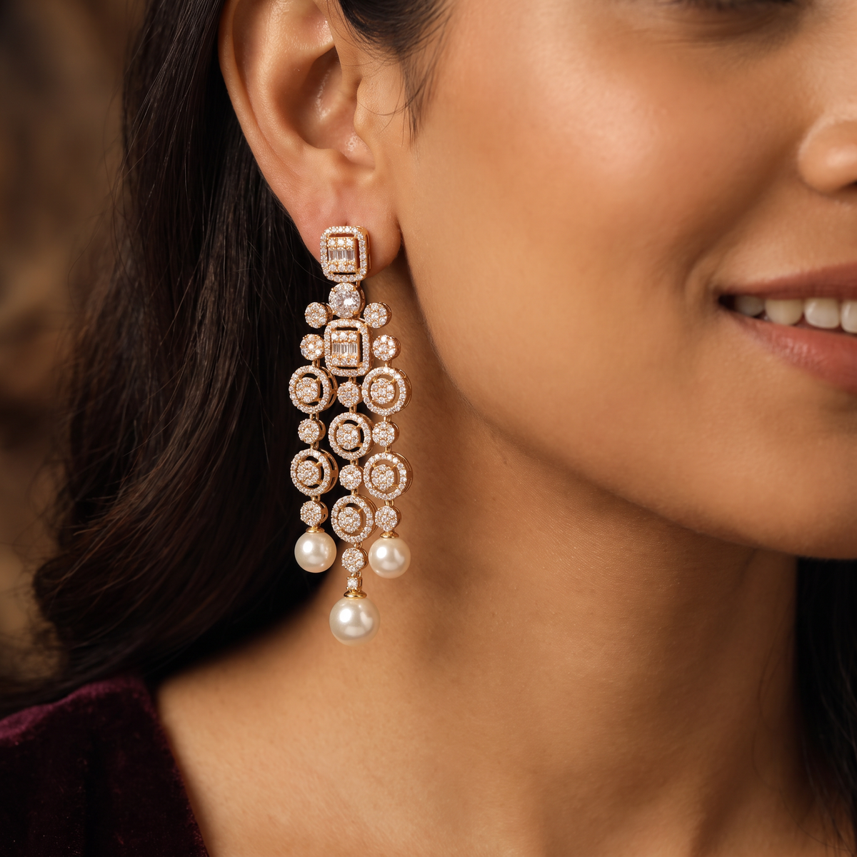 Draped Circle Stud with Structured Hanging Arrangement