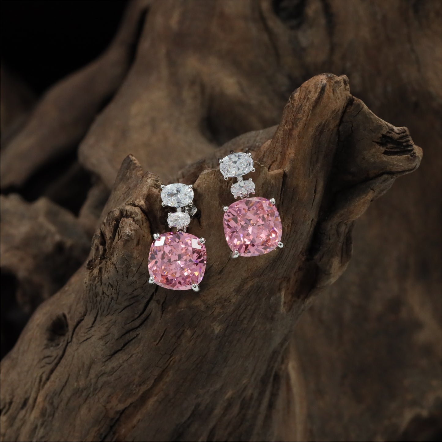 Premium Linked Drop Rhodium Stud with Square Centre Styling