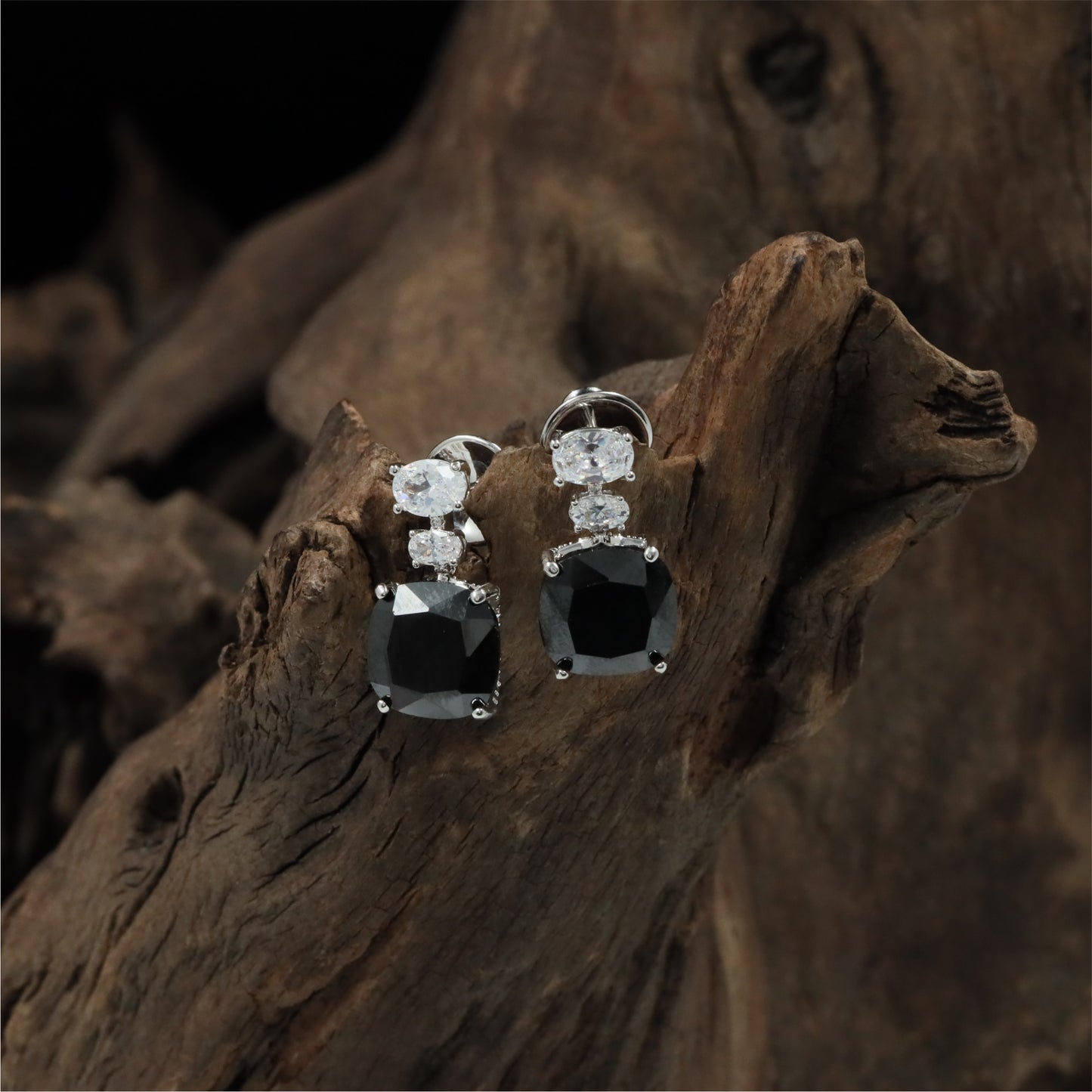Premium Linked Drop Rhodium Stud with Square Centre Styling