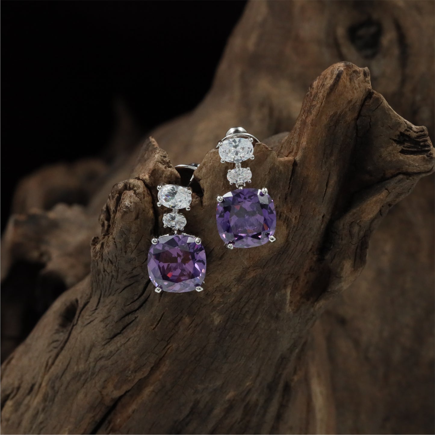 Premium Linked Drop Rhodium Stud with Square Centre Styling