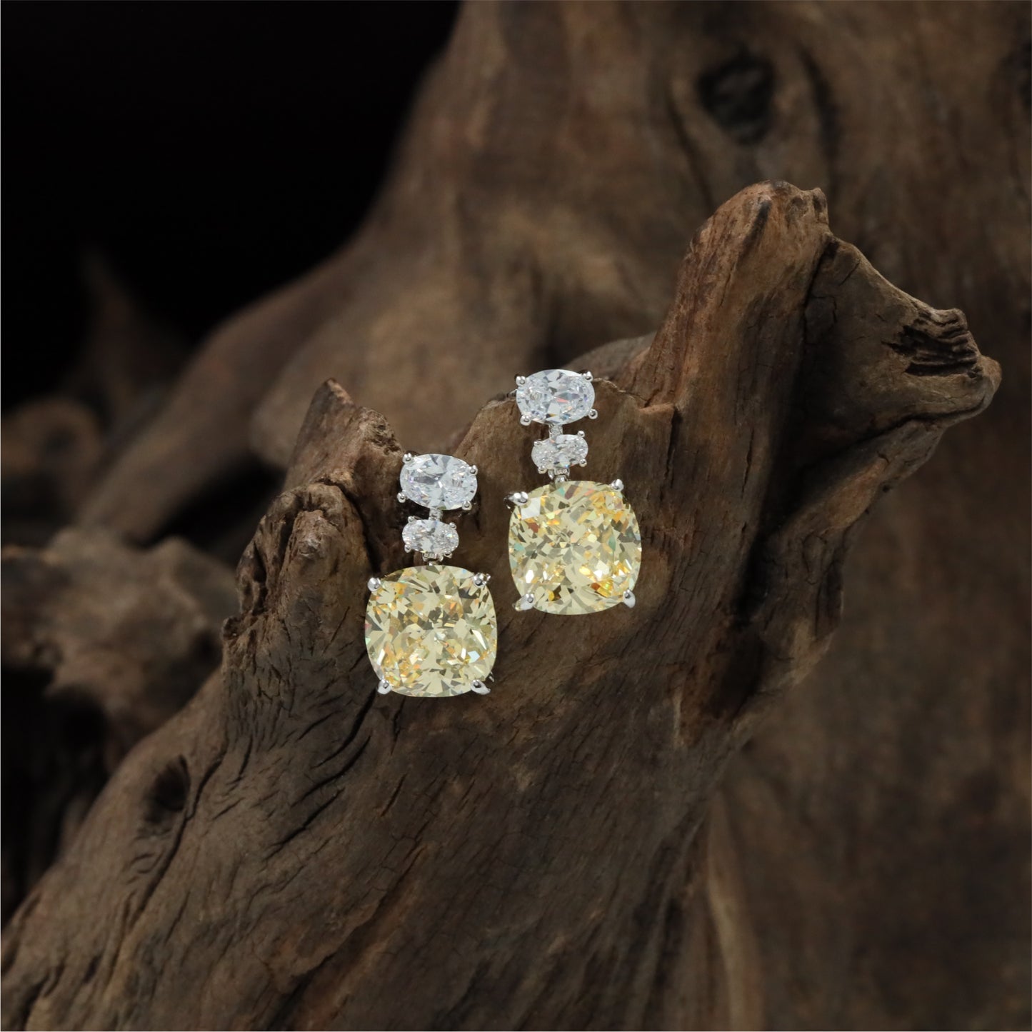 Premium Linked Drop Rhodium Stud with Square Centre Styling