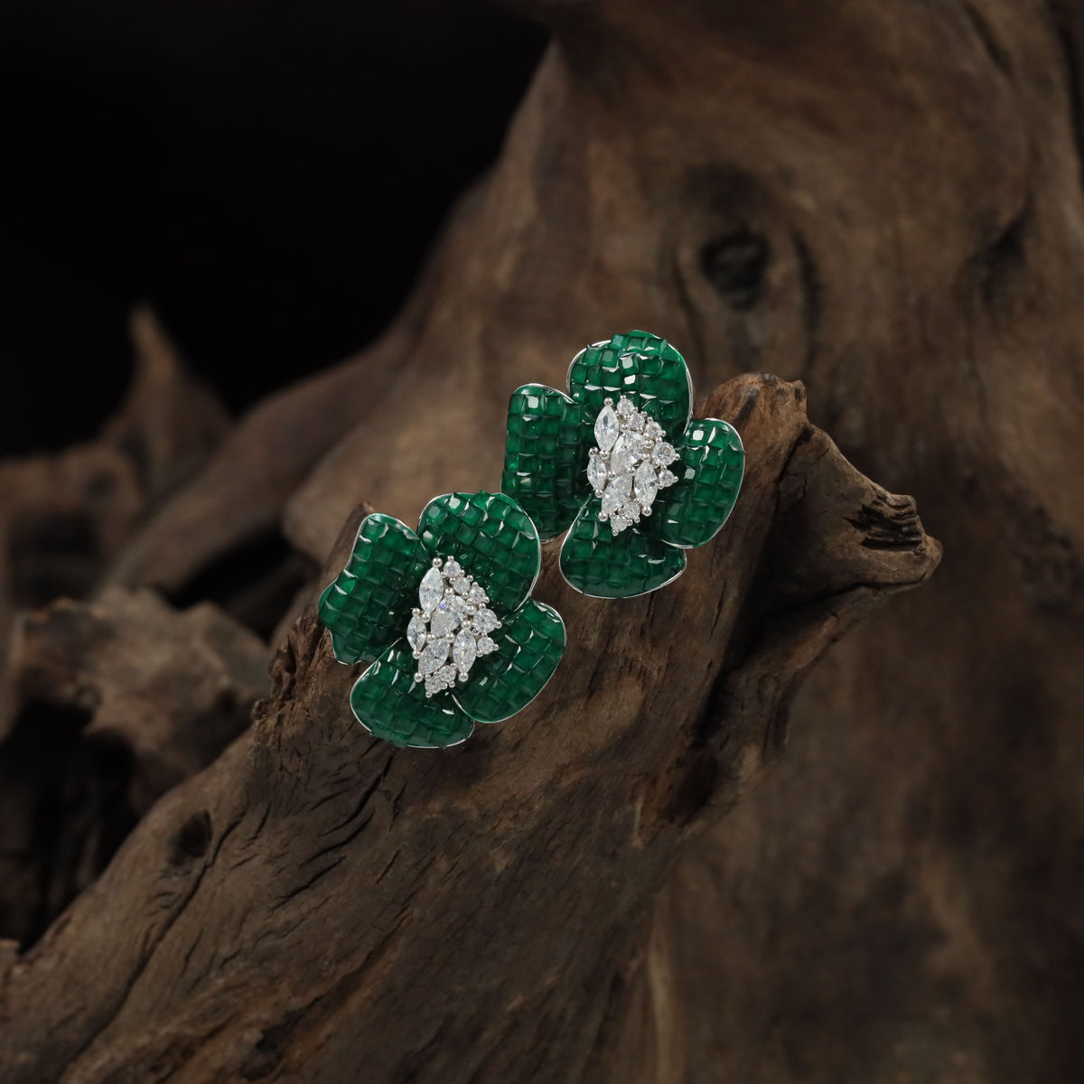 Sculpted Four-Petal Rhodium Studs With Intricate Centre Detailing