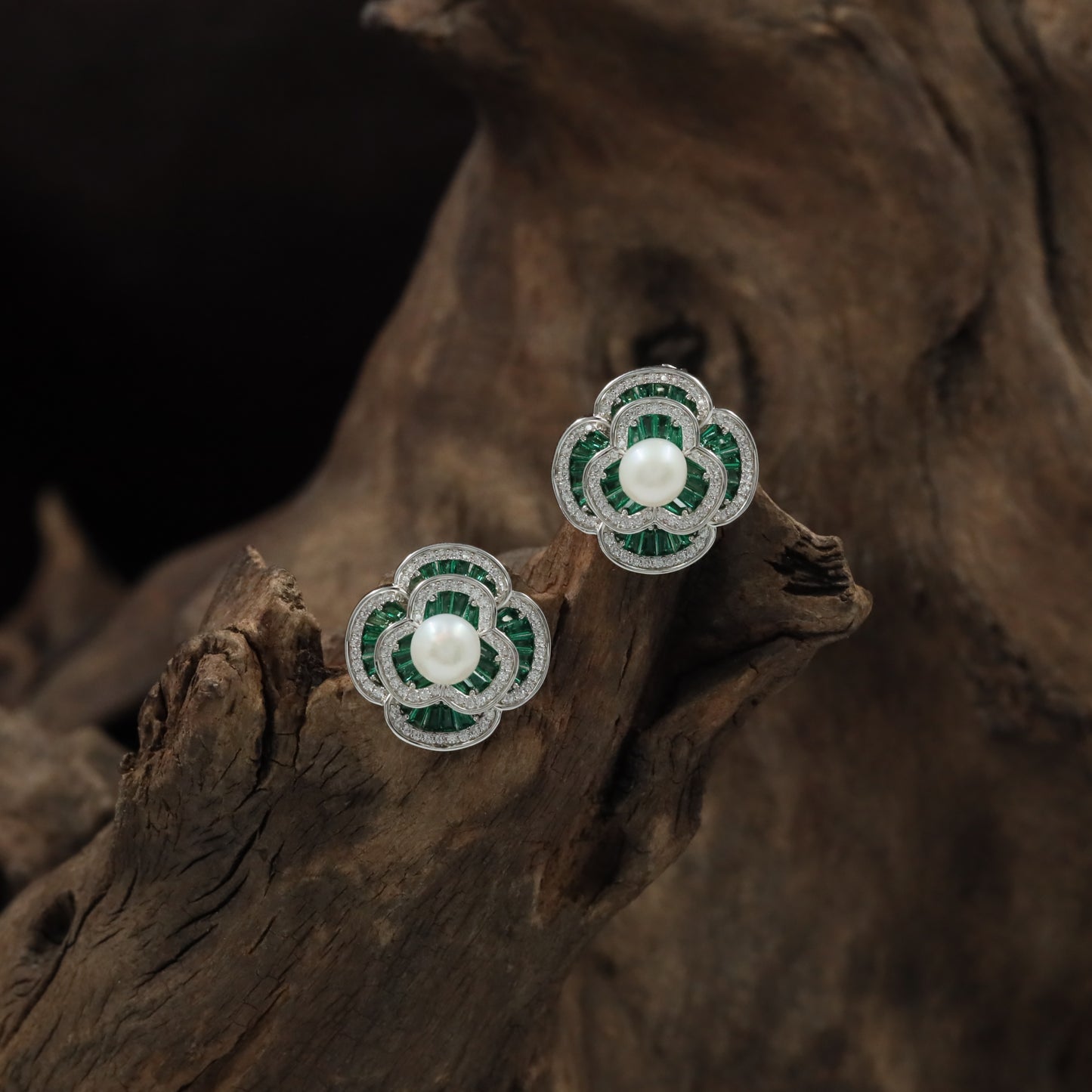 Delicate Floral Rhodium Stud with Structured Clover Arrangement