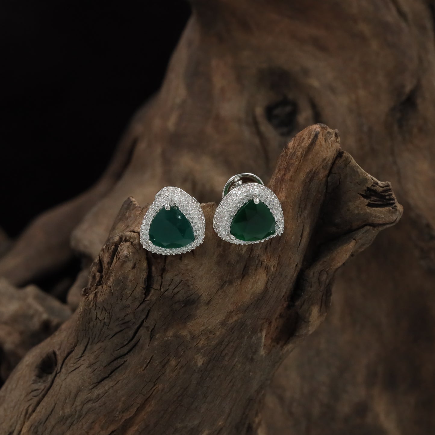 Royal Triangle Halo Rhodium Stud with Rounded Border Detailing