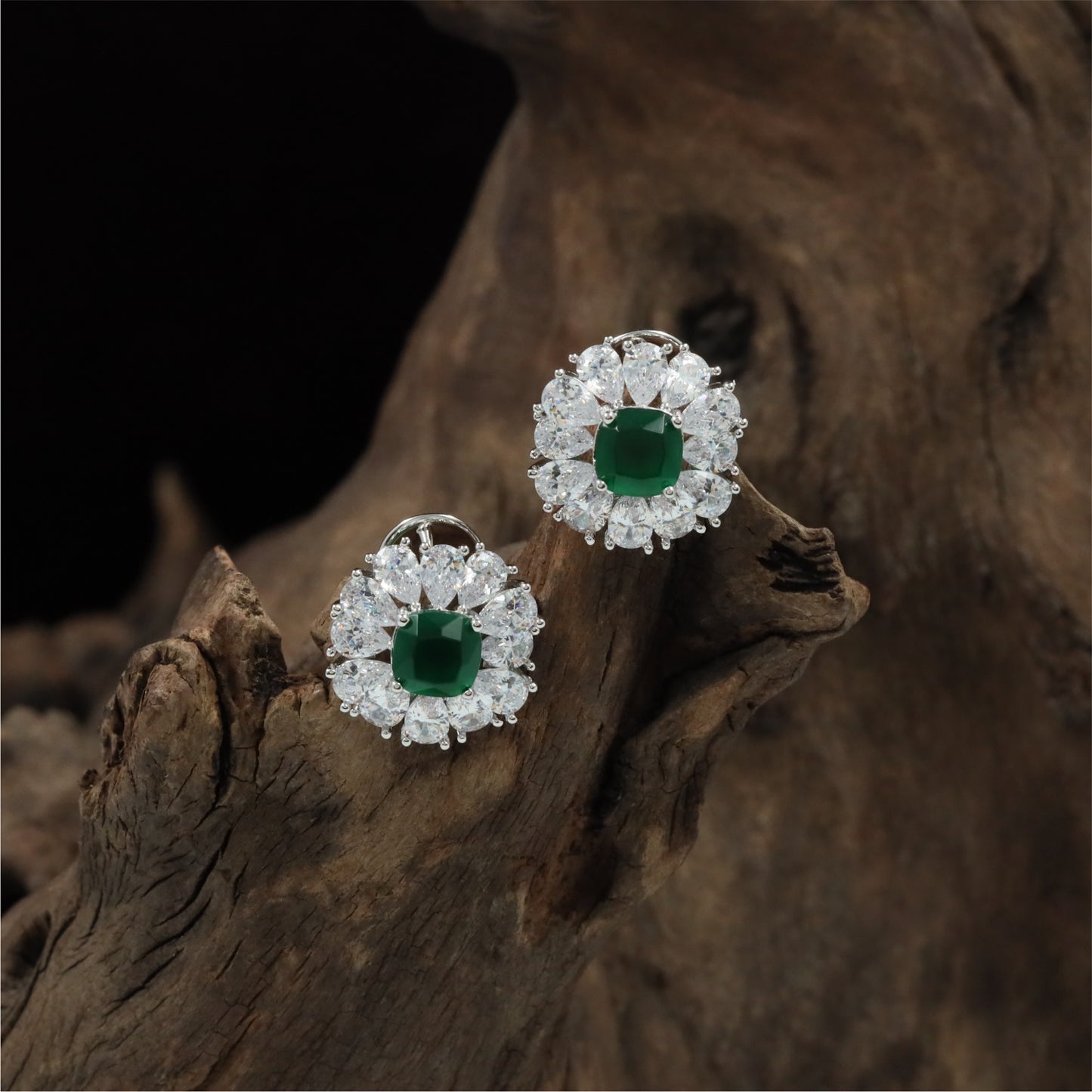 Premium Floral Cluster Rhodium Stud with Cushion Centre Layout
