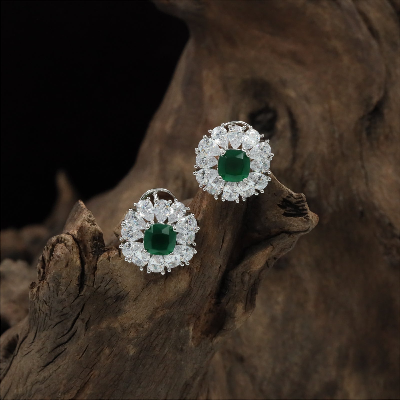 Premium Floral Cluster Rhodium Stud with Cushion Centre Layout