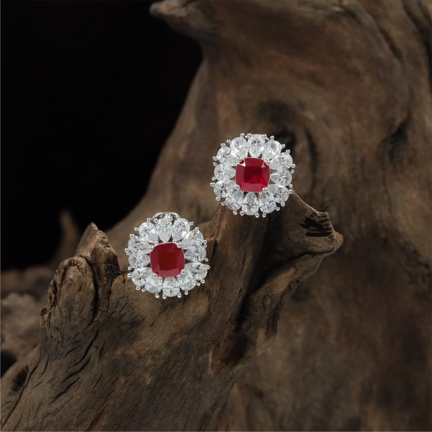 Premium Floral Cluster Rhodium Stud with Cushion Centre Layout