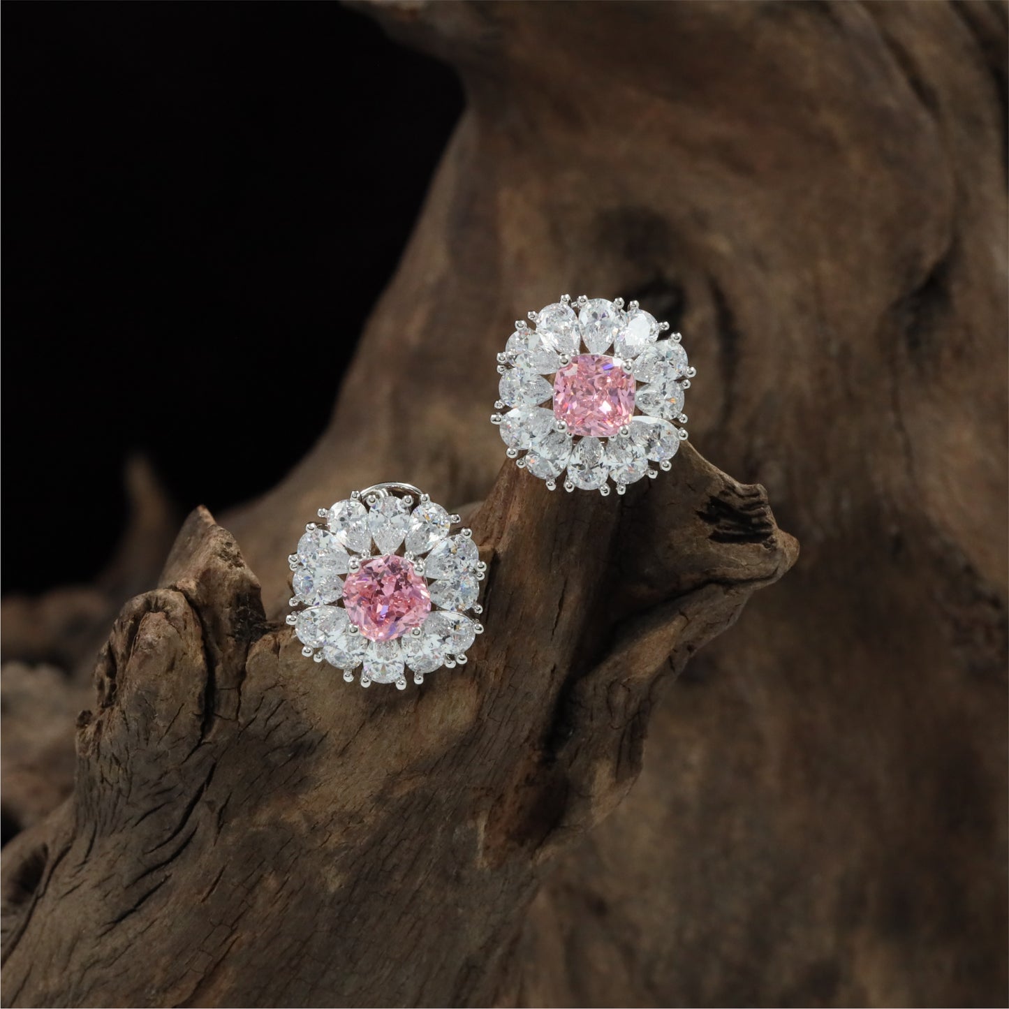 Premium Floral Cluster Rhodium Stud with Cushion Centre Layout