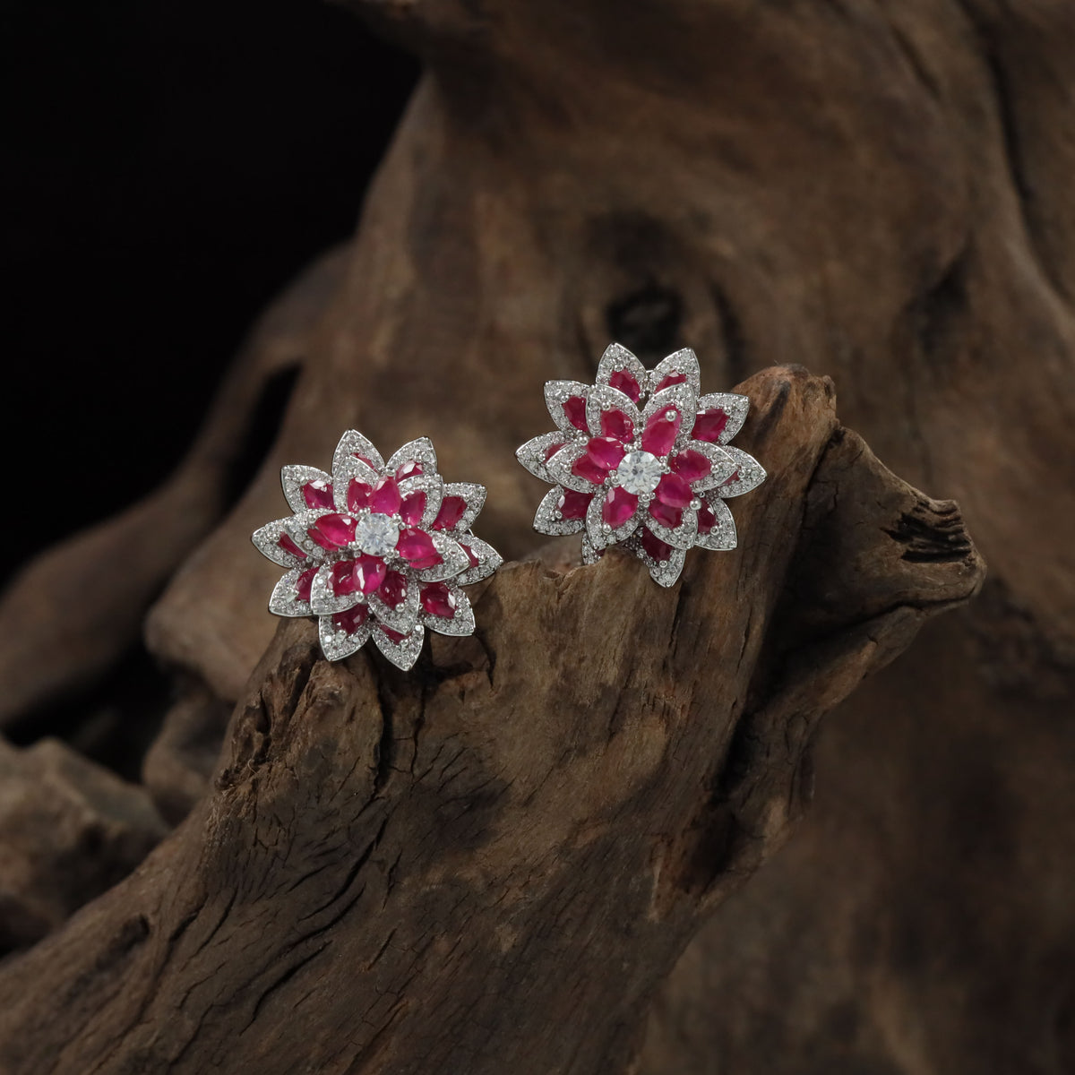 Floral Starburst Rhodium Studs With Intricate Openwork
