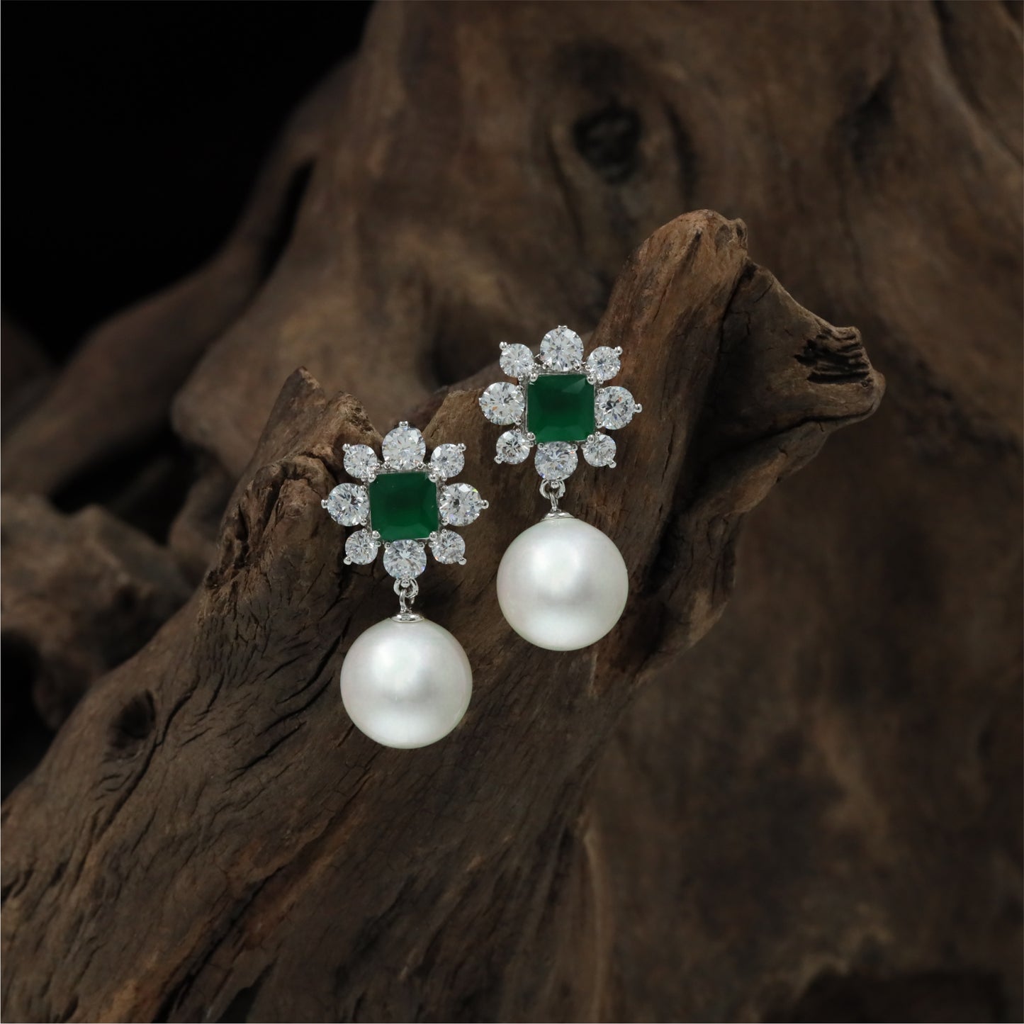 Classic Pearl Hanging Rhodium Stud with Decorative Petal Layout