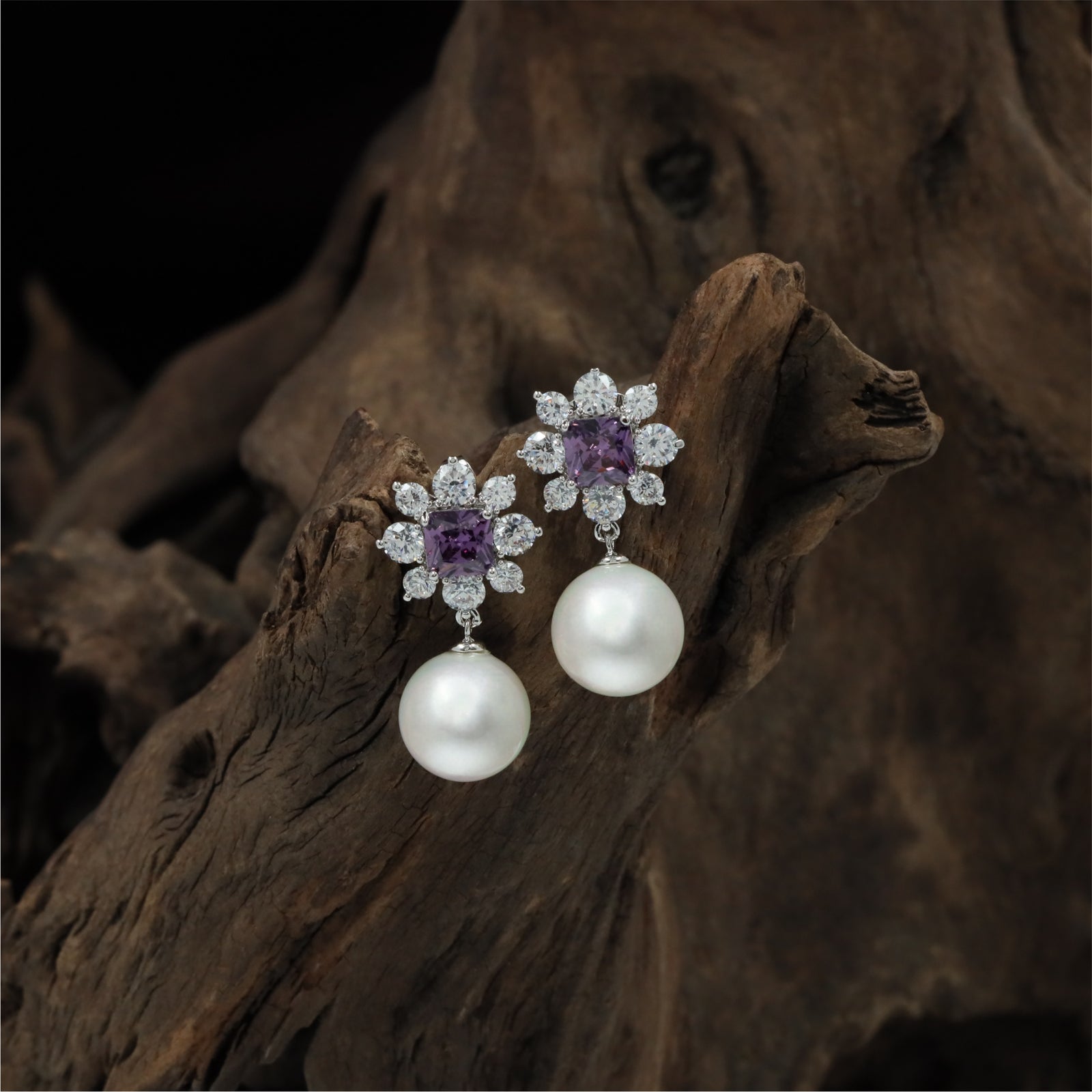 Classic Pearl Hanging Rhodium Stud with Decorative Petal Layout