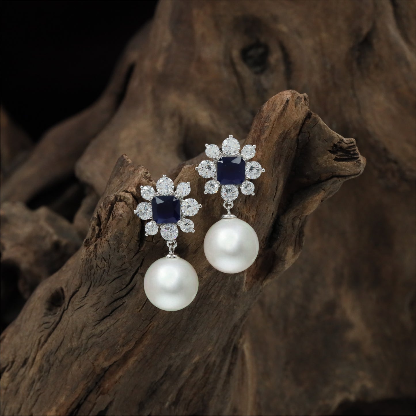 Classic Pearl Hanging Rhodium Stud with Decorative Petal Layout