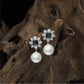 Classic Pearl Hanging Rhodium Stud with Decorative Petal Layout