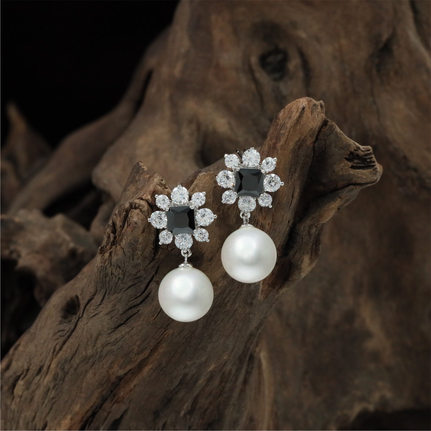 Classic Pearl Hanging Rhodium Stud with Decorative Petal Layout