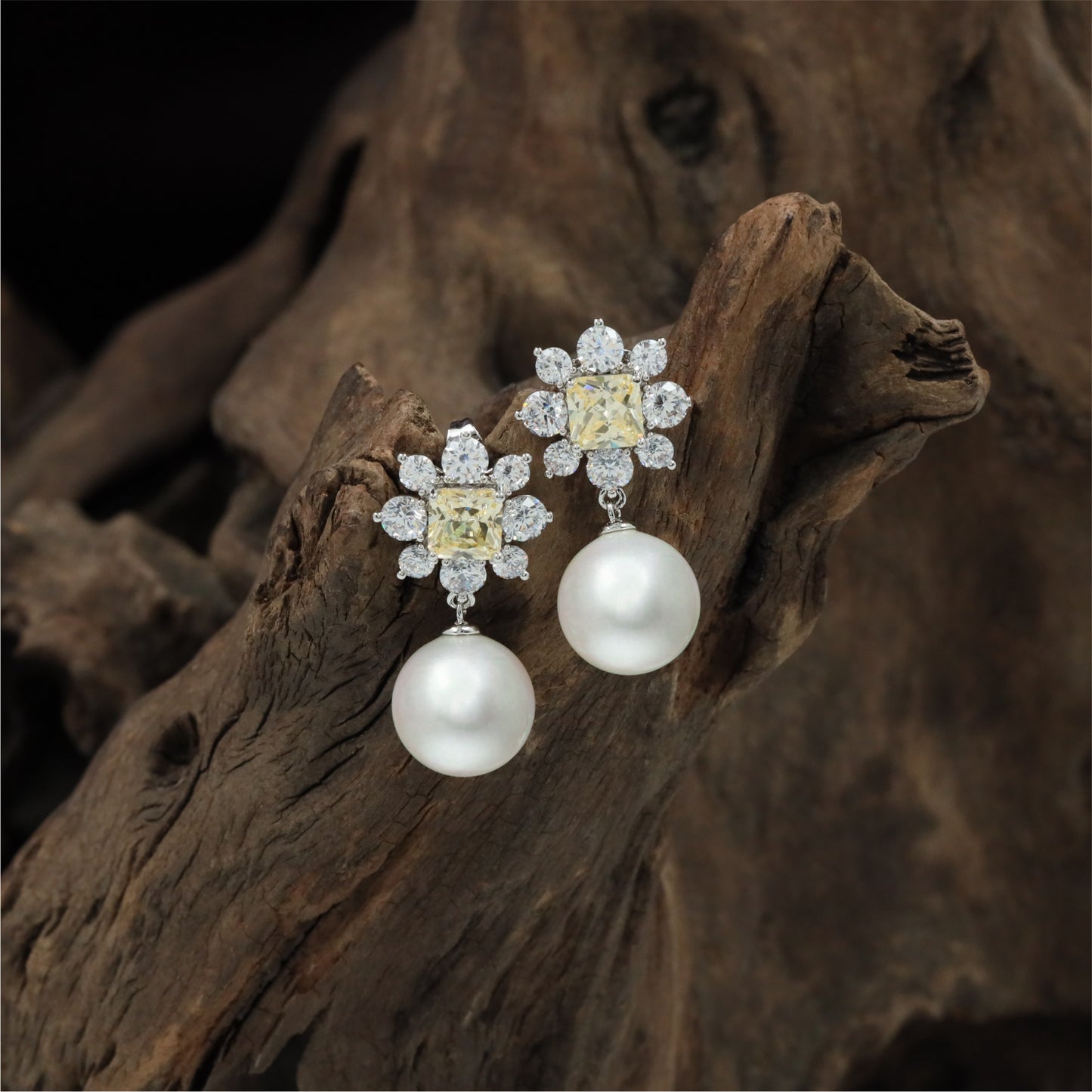 Classic Pearl Hanging Rhodium Stud with Decorative Petal Layout