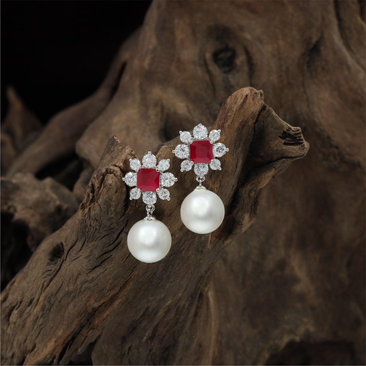 Classic Pearl Hanging Rhodium Stud with Decorative Petal Layout