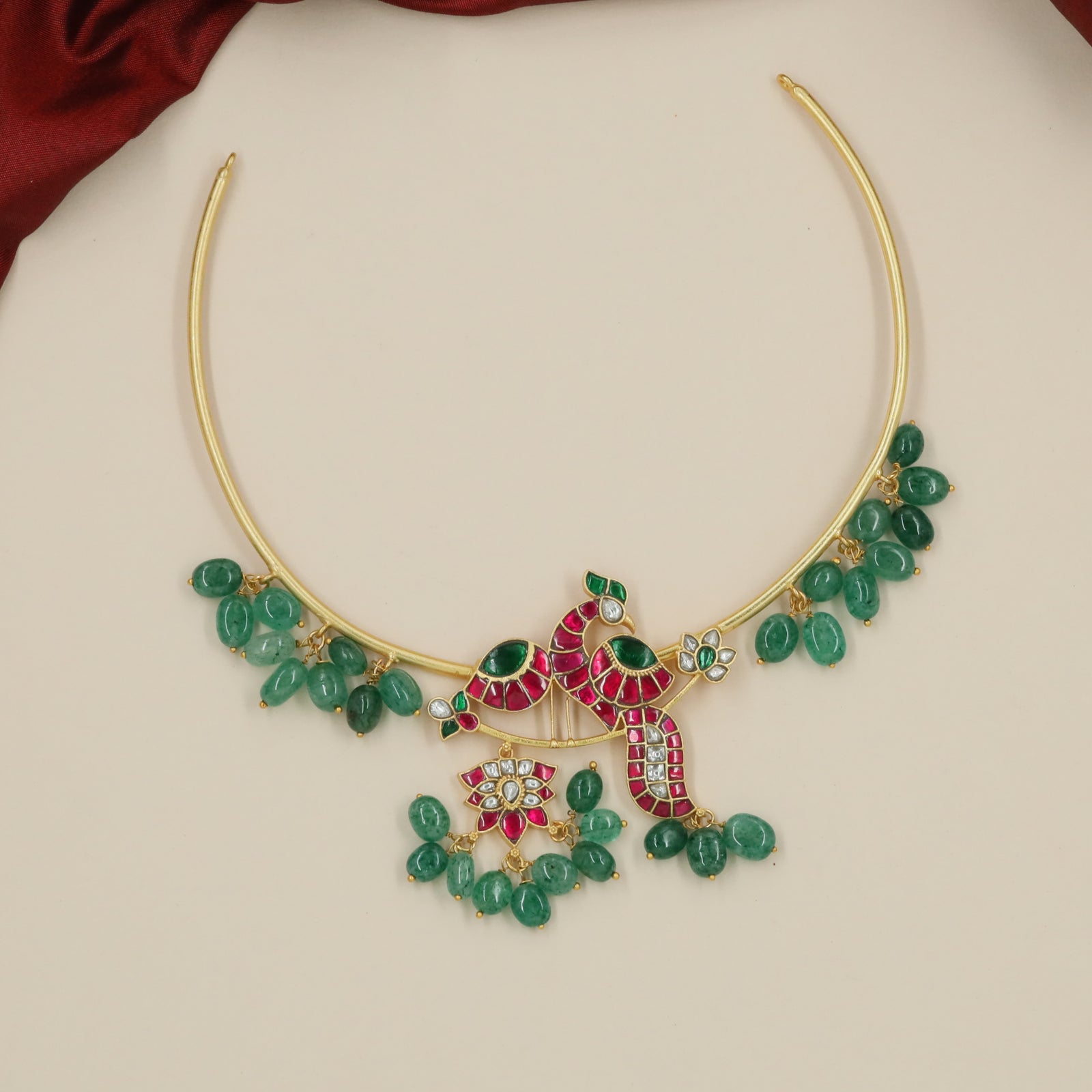 Crescent Peacock Jadau Necklace with Hanging Drop Fringe