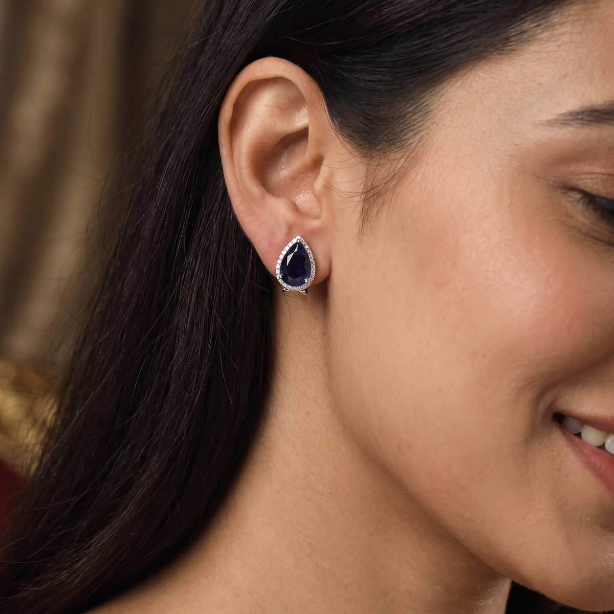 Pear Cut Halo Stud with Rounded Border Detailing